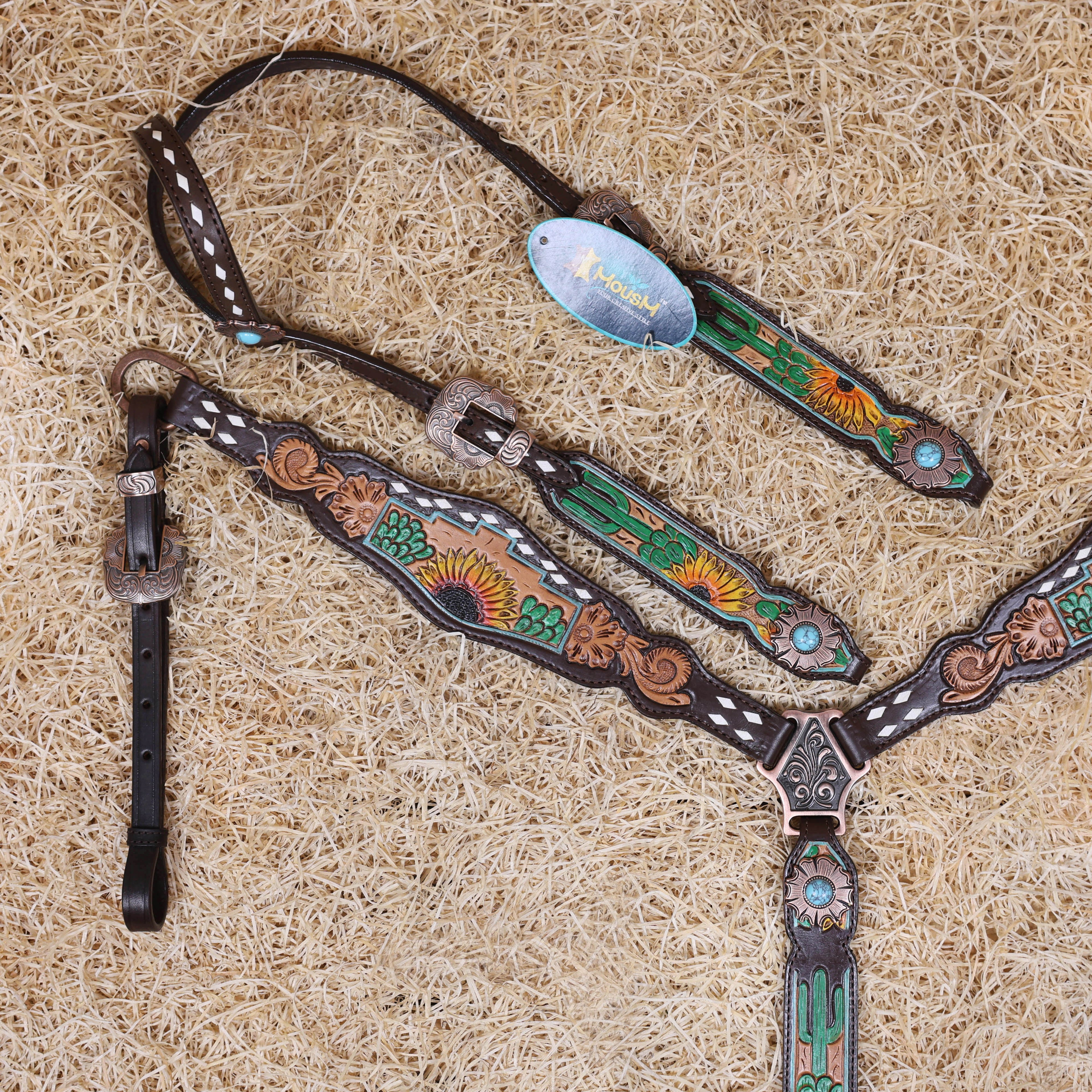MOUSM Western Horse Tack Set – Made from Genuine Argentina Cow Leather, Decorated with Hand-Carved Cactus and Sunflower Designs, Rawhide Backstitching on One-Ear Headstall and Breast Collar, and Flower-Shaped Conchos with Turquoise Stone