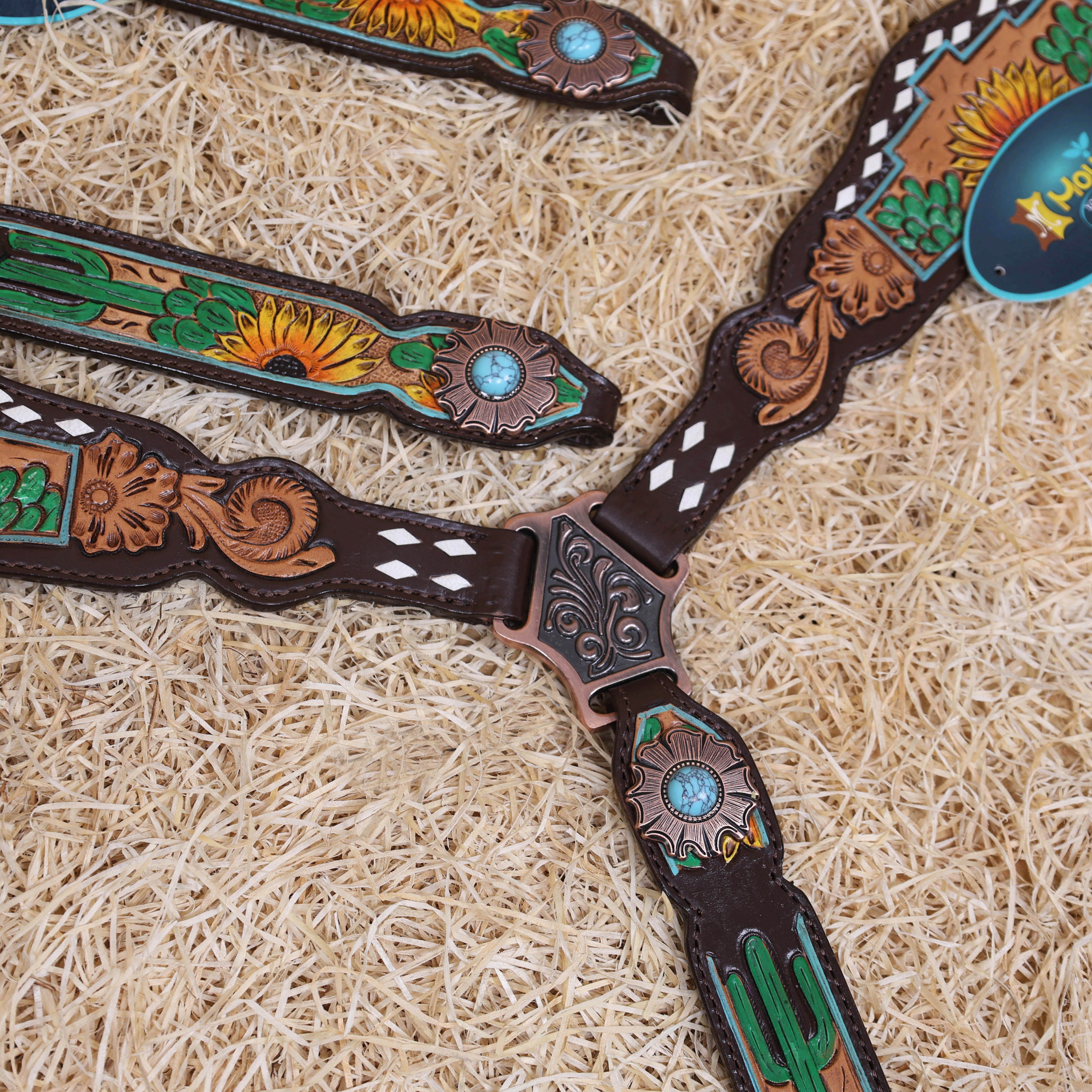 MOUSM Western Horse Tack Set – Made from Genuine Argentina Cow Leather, Decorated with Hand-Carved Cactus and Sunflower Designs, Rawhide Backstitching on One-Ear Headstall and Breast Collar, and Flower-Shaped Conchos with Turquoise Stone