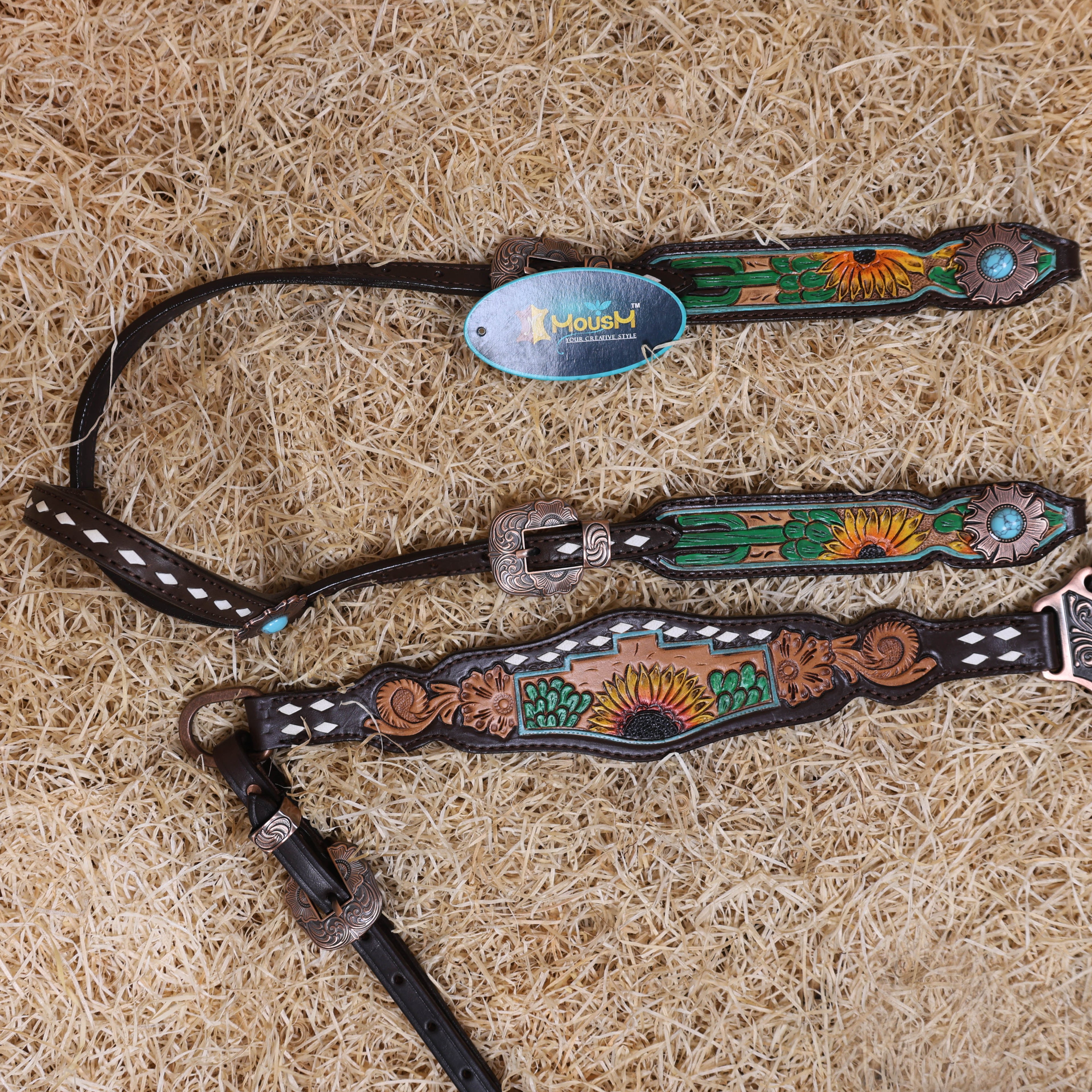 MOUSM Western Horse Tack Set – Made from Genuine Argentina Cow Leather, Decorated with Hand-Carved Cactus and Sunflower Designs, Rawhide Backstitching on One-Ear Headstall and Breast Collar, and Flower-Shaped Conchos with Turquoise Stone