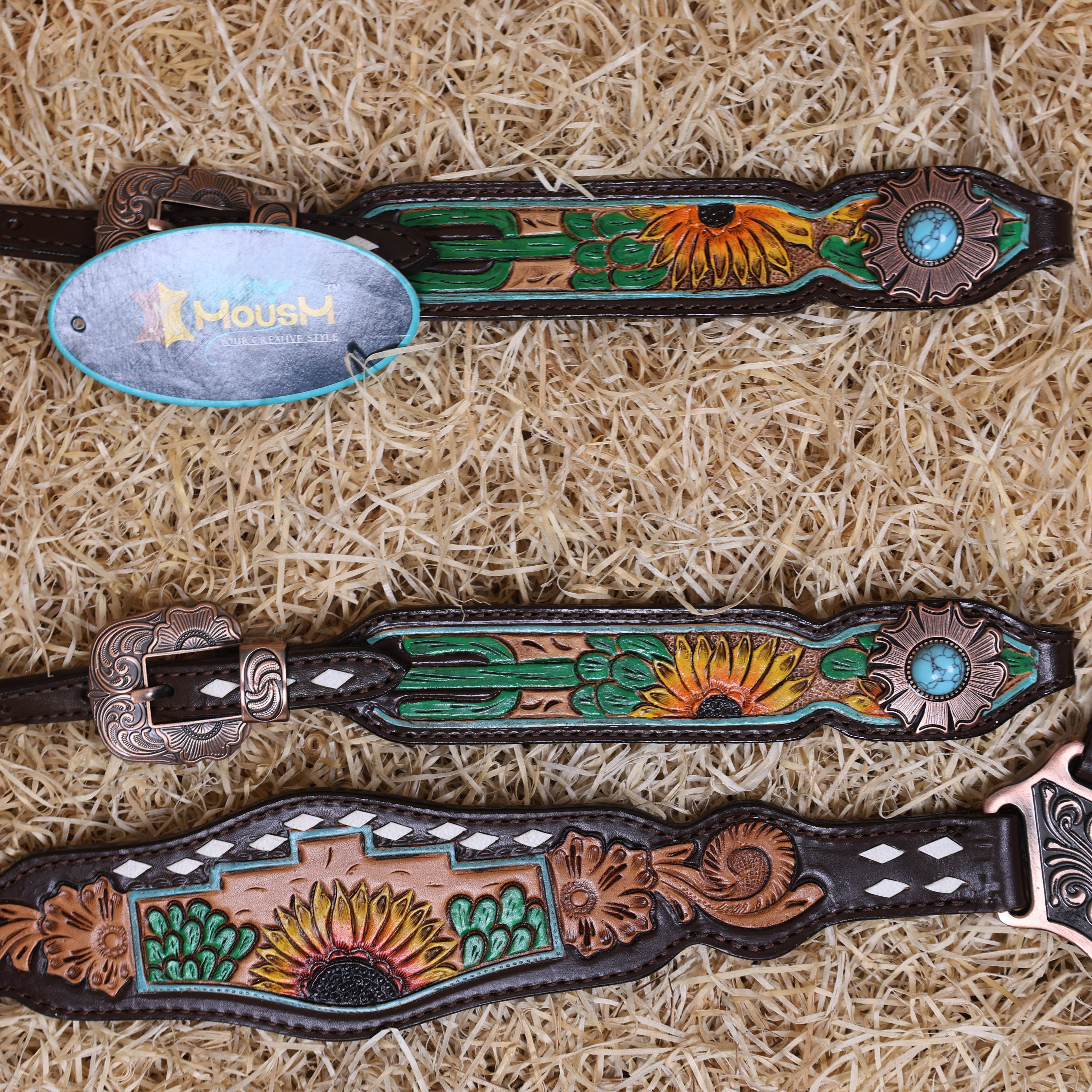 MOUSM Western Horse Tack Set – Made from Genuine Argentina Cow Leather, Decorated with Hand-Carved Cactus and Sunflower Designs, Rawhide Backstitching on One-Ear Headstall and Breast Collar, and Flower-Shaped Conchos with Turquoise Stone