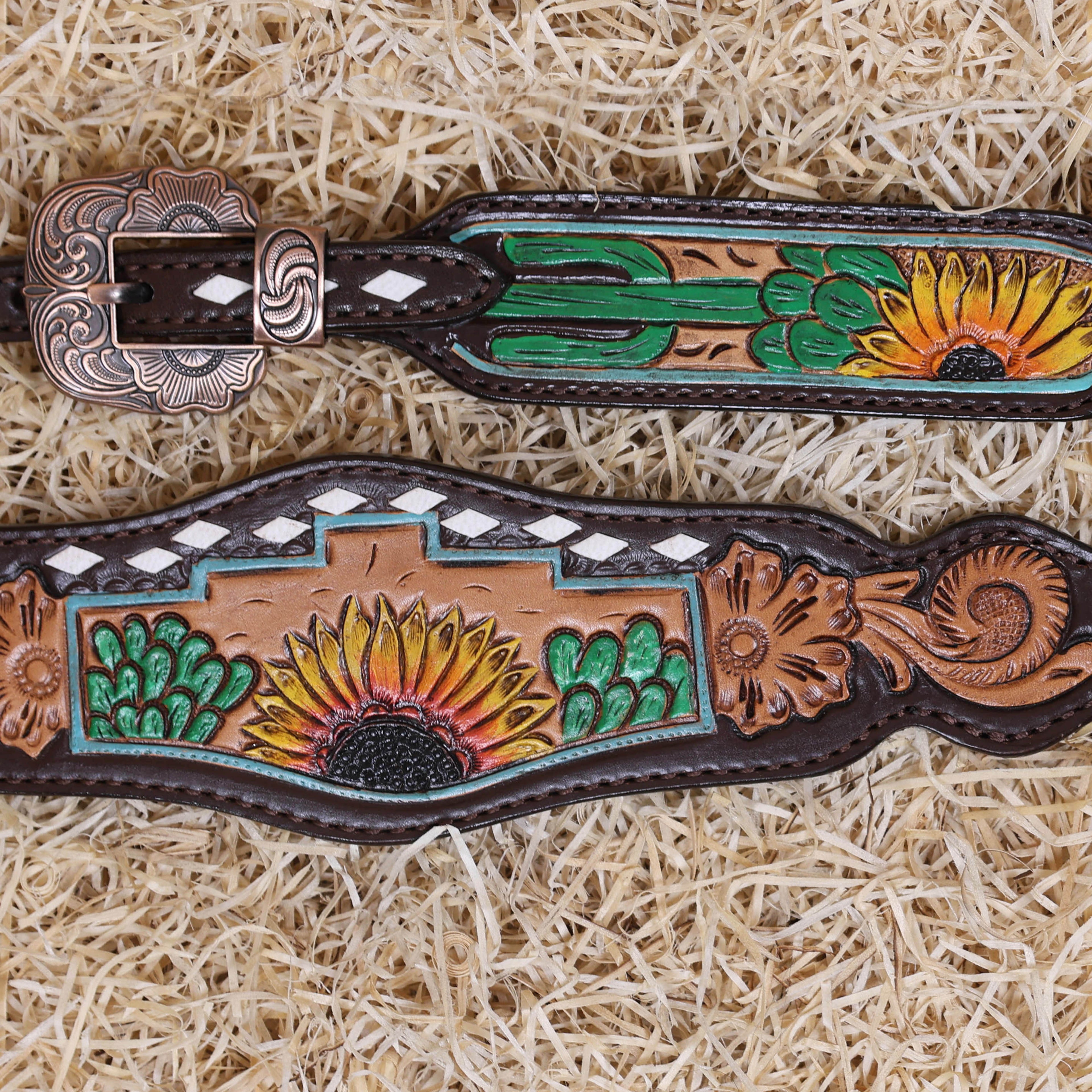 MOUSM Western Horse Tack Set – Made from Genuine Argentina Cow Leather, Decorated with Hand-Carved Cactus and Sunflower Designs, Rawhide Backstitching on One-Ear Headstall and Breast Collar, and Flower-Shaped Conchos with Turquoise Stone