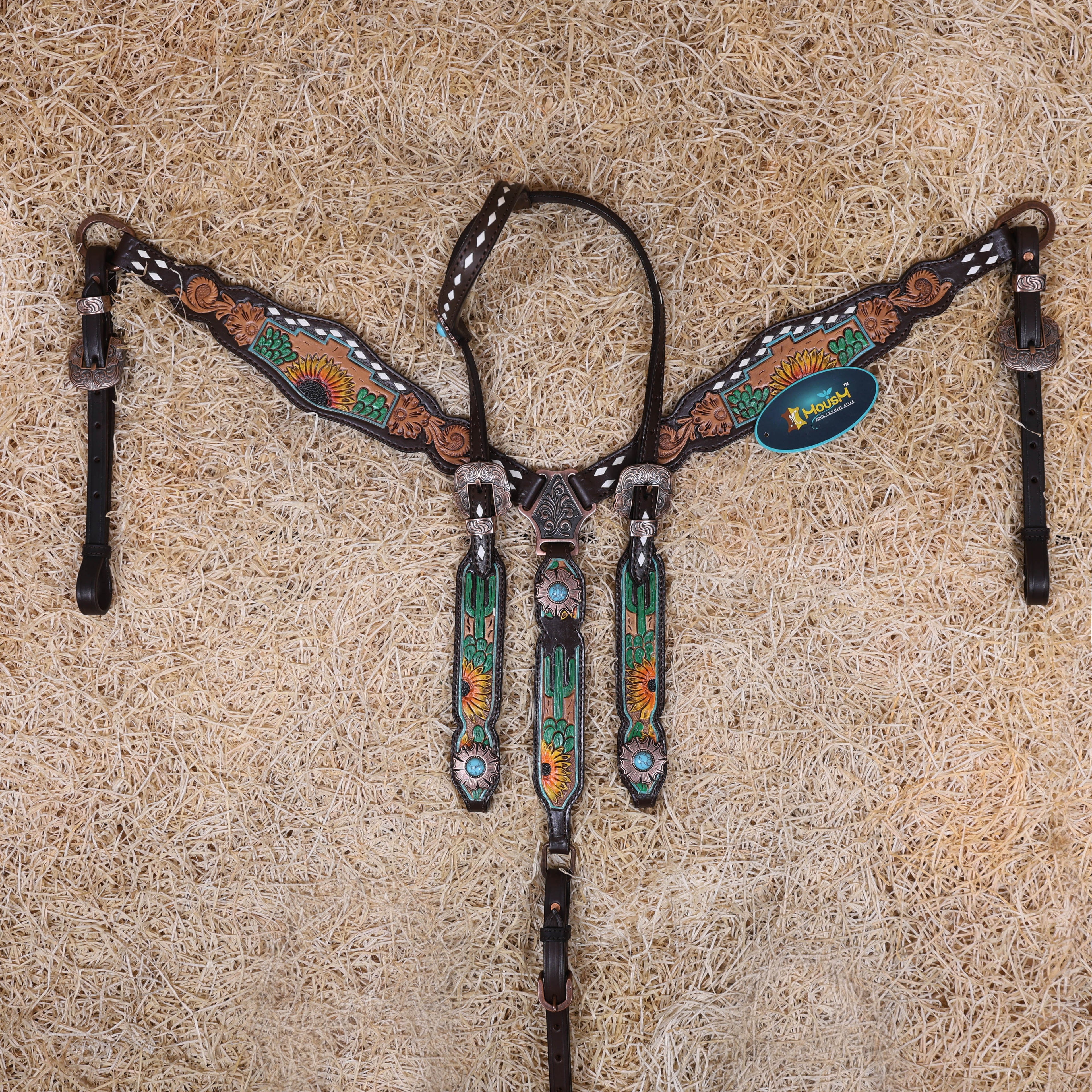 MOUSM Western Horse Tack Set – Made from Genuine Argentina Cow Leather, Decorated with Hand-Carved Cactus and Sunflower Designs, Rawhide Backstitching on One-Ear Headstall and Breast Collar, and Flower-Shaped Conchos with Turquoise Stone