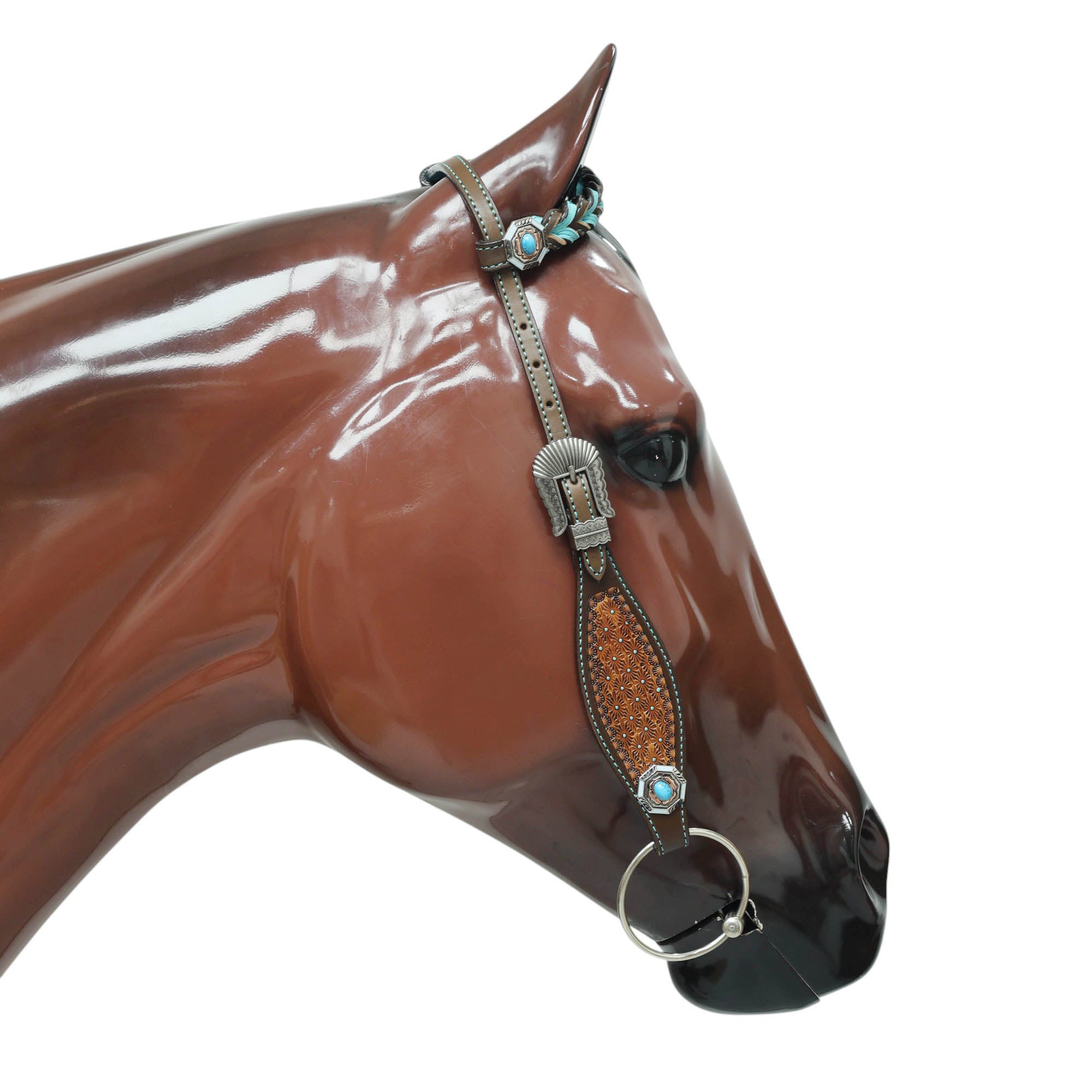MOUSM Argentina Cow Leather Western Horse Tack Set – Decorated with Geometric Tooling, Criss-Cross Braiding with Turquoise Accents on One-Ear Headstall and Breast Collar, Turquoise Stone Conchos