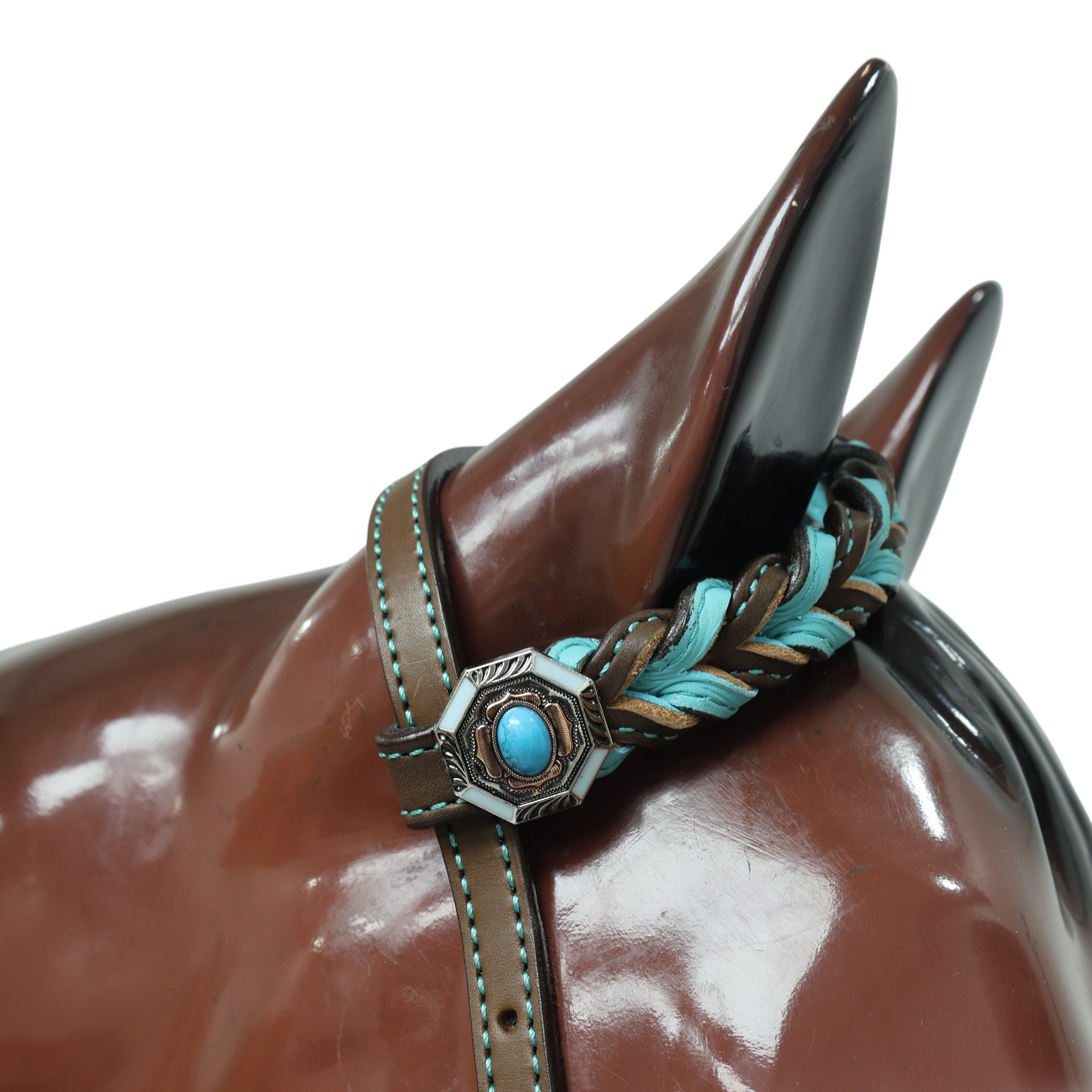 MOUSM Argentina Cow Leather Western Horse Tack Set – Decorated with Geometric Tooling, Criss-Cross Braiding with Turquoise Accents on One-Ear Headstall and Breast Collar, Turquoise Stone Conchos