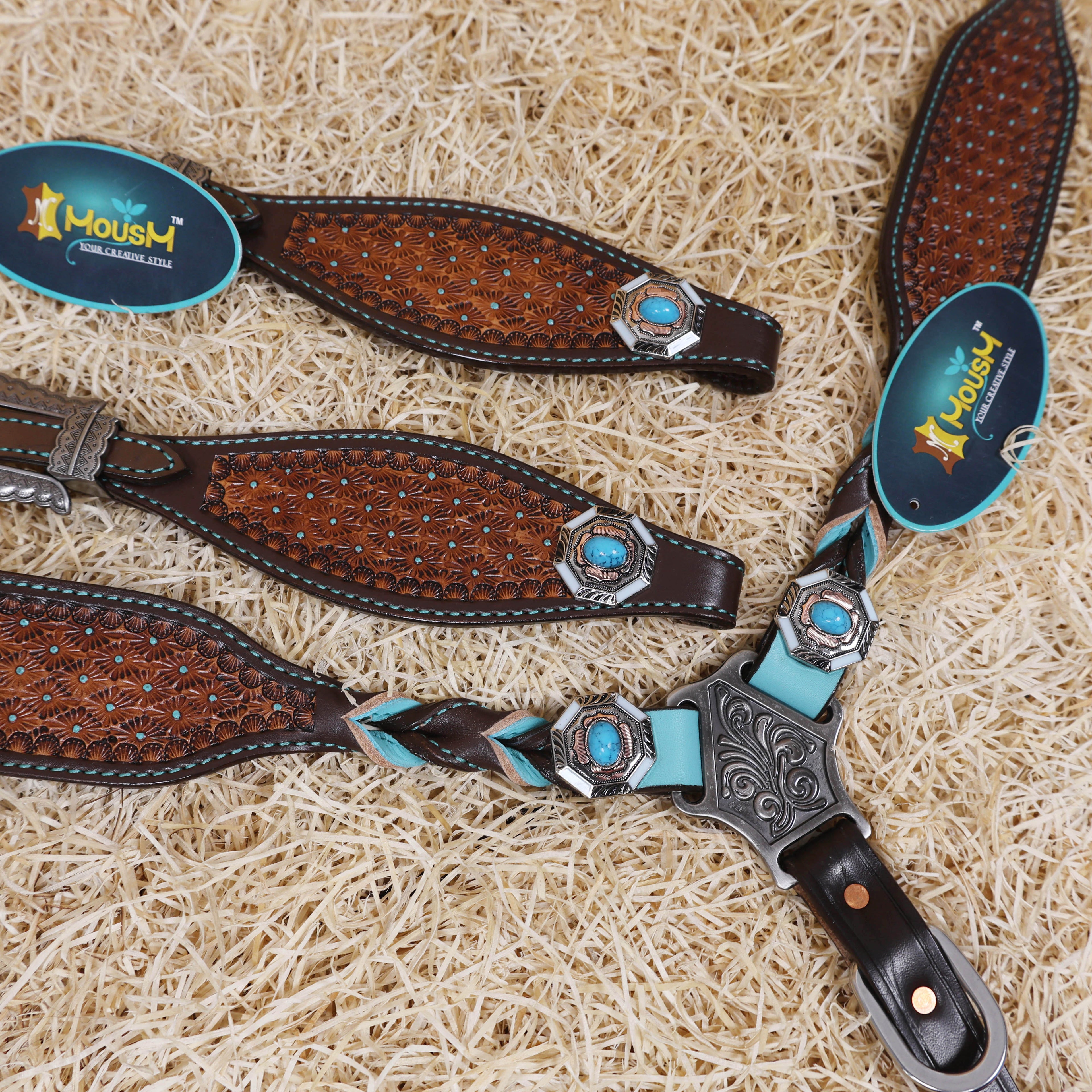 MOUSM Argentina Cow Leather Western Horse Tack Set – Decorated with Geometric Tooling, Criss-Cross Braiding with Turquoise Accents on One-Ear Headstall and Breast Collar, Turquoise Stone Conchos
