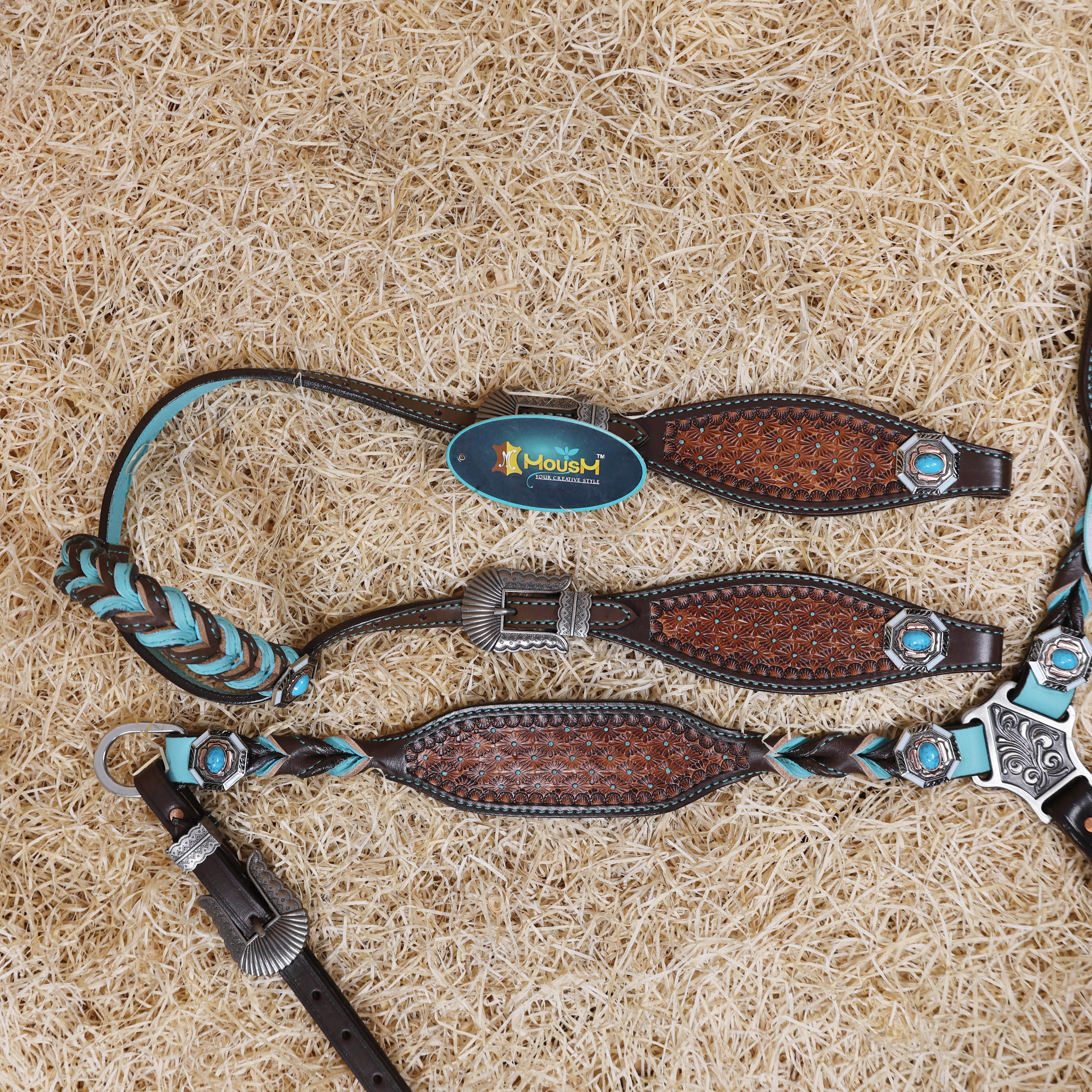 MOUSM Argentina Cow Leather Western Horse Tack Set – Decorated with Geometric Tooling, Criss-Cross Braiding with Turquoise Accents on One-Ear Headstall and Breast Collar, Turquoise Stone Conchos
