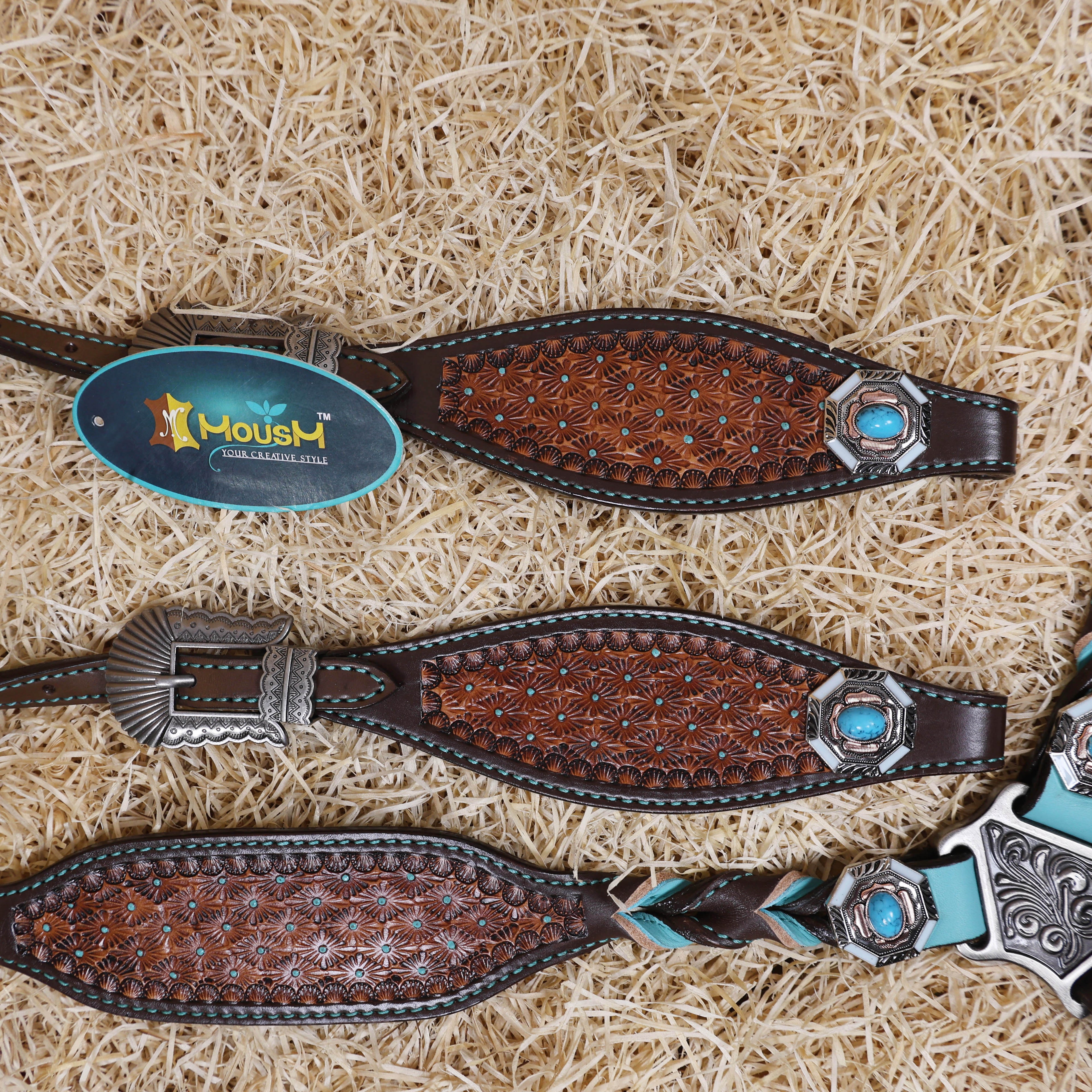 MOUSM Argentina Cow Leather Western Horse Tack Set – Decorated with Geometric Tooling, Criss-Cross Braiding with Turquoise Accents on One-Ear Headstall and Breast Collar, Turquoise Stone Conchos
