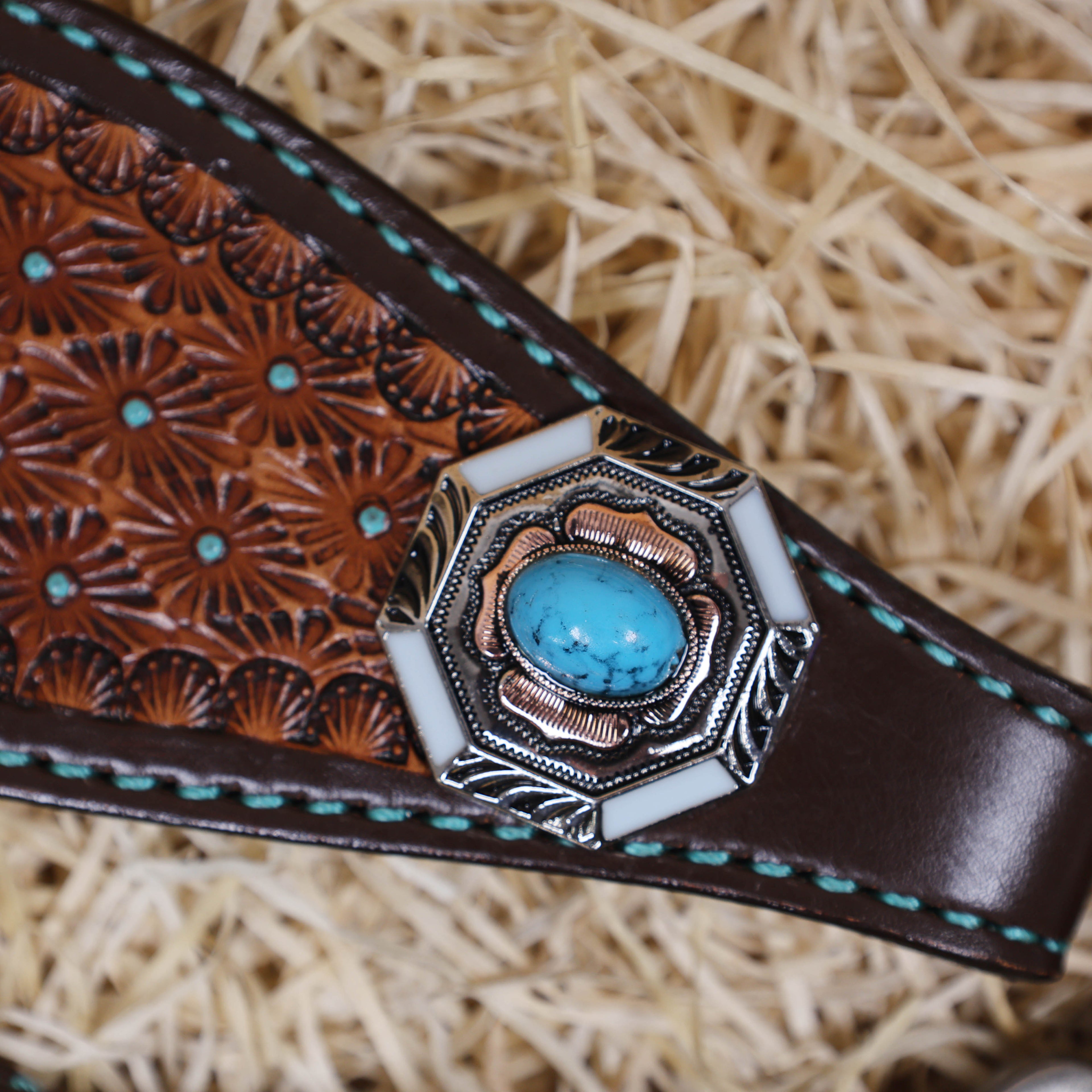 MOUSM Argentina Cow Leather Western Horse Tack Set – Decorated with Geometric Tooling, Criss-Cross Braiding with Turquoise Accents on One-Ear Headstall and Breast Collar, Turquoise Stone Conchos