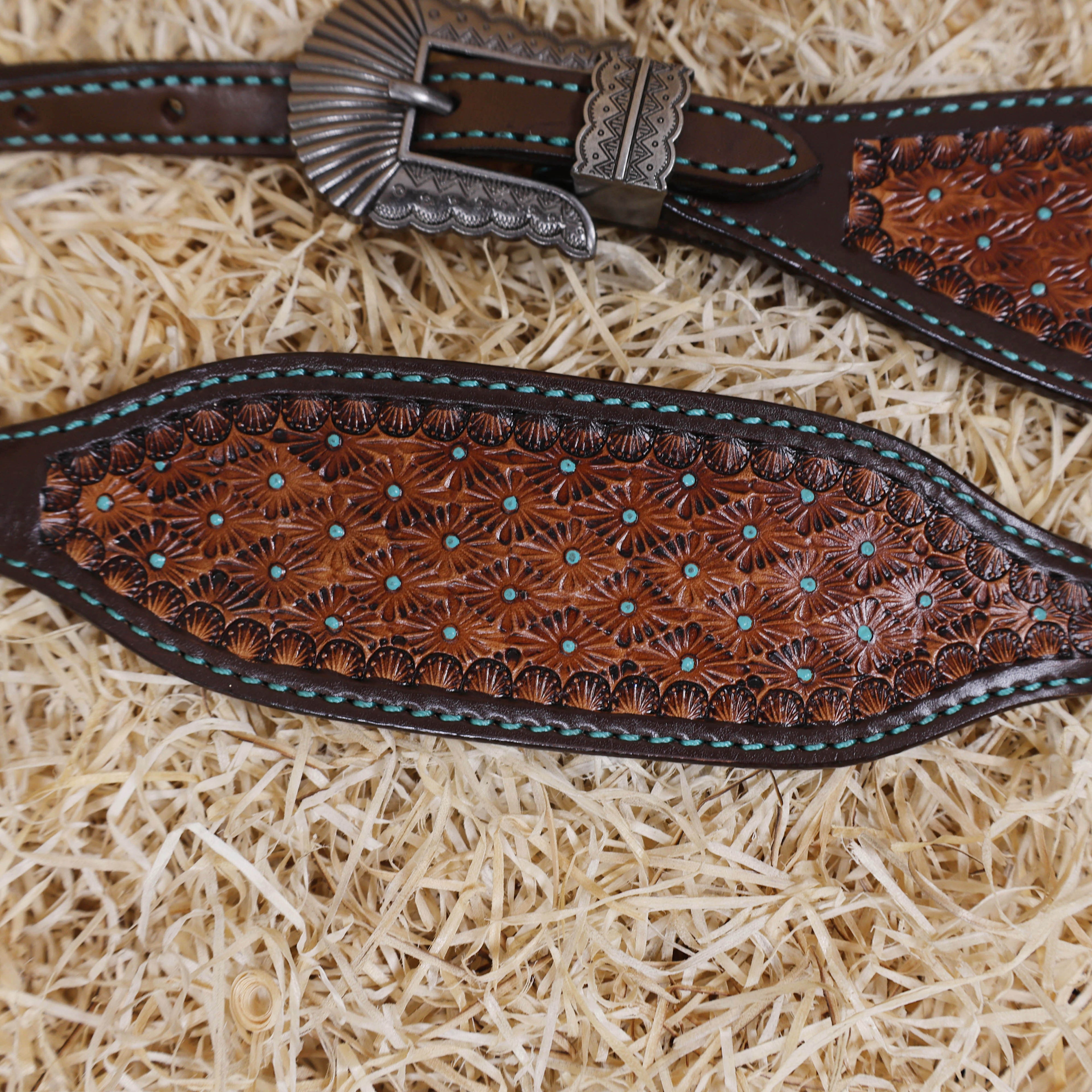 MOUSM Argentina Cow Leather Western Horse Tack Set – Decorated with Geometric Tooling, Criss-Cross Braiding with Turquoise Accents on One-Ear Headstall and Breast Collar, Turquoise Stone Conchos