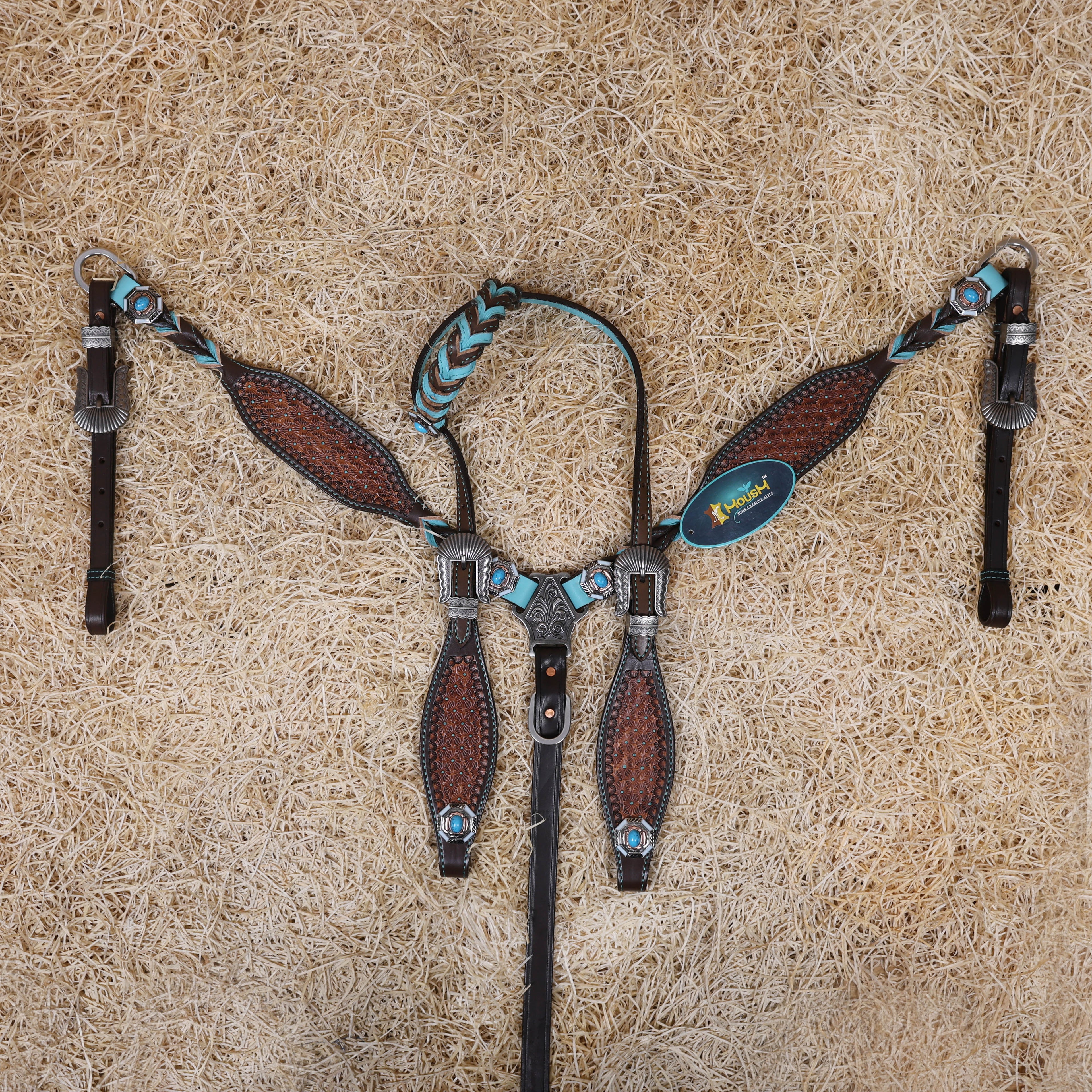 MOUSM Argentina Cow Leather Western Horse Tack Set – Decorated with Geometric Tooling, Criss-Cross Braiding with Turquoise Accents on One-Ear Headstall and Breast Collar, Turquoise Stone Conchos