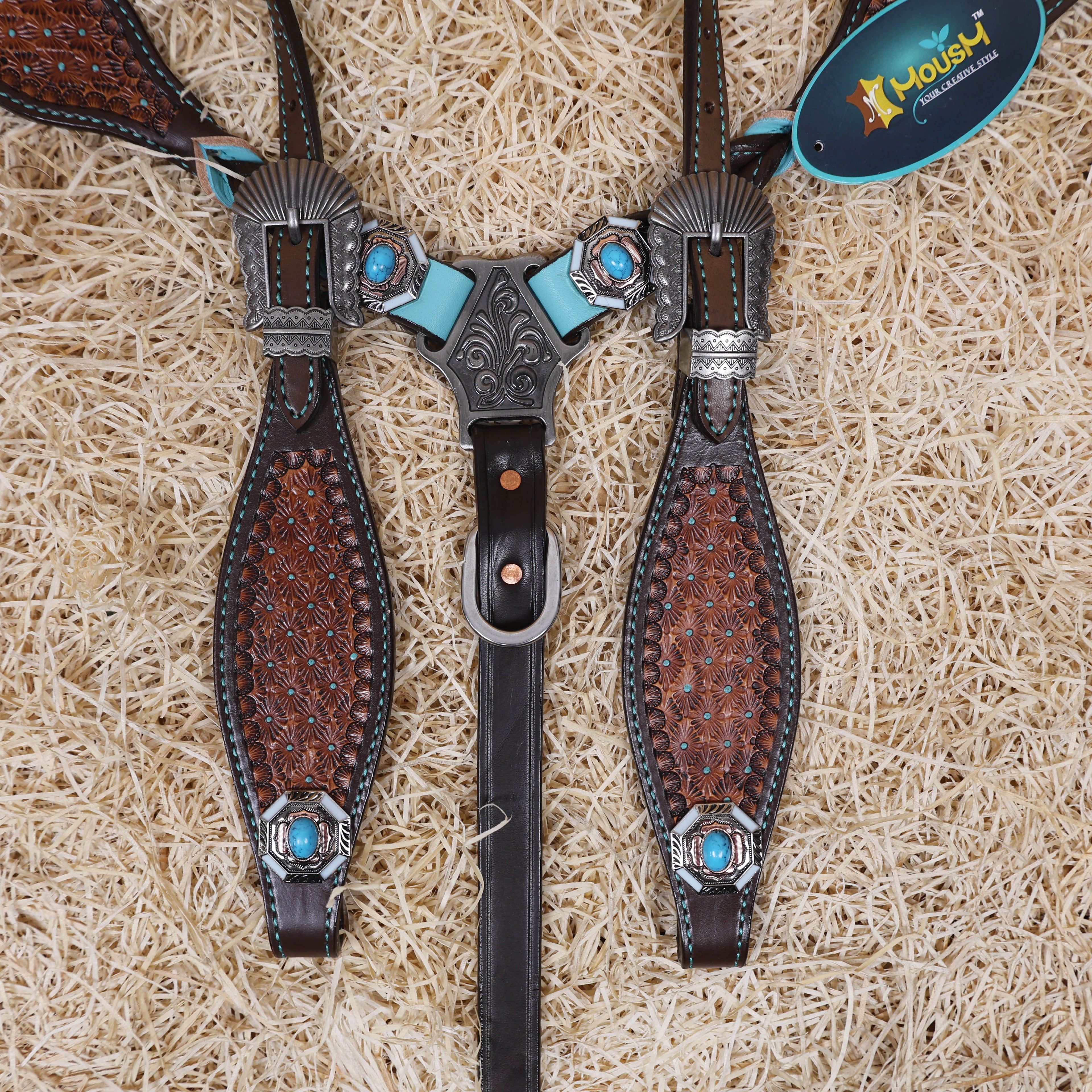 MOUSM Argentina Cow Leather Western Horse Tack Set – Decorated with Geometric Tooling, Criss-Cross Braiding with Turquoise Accents on One-Ear Headstall and Breast Collar, Turquoise Stone Conchos