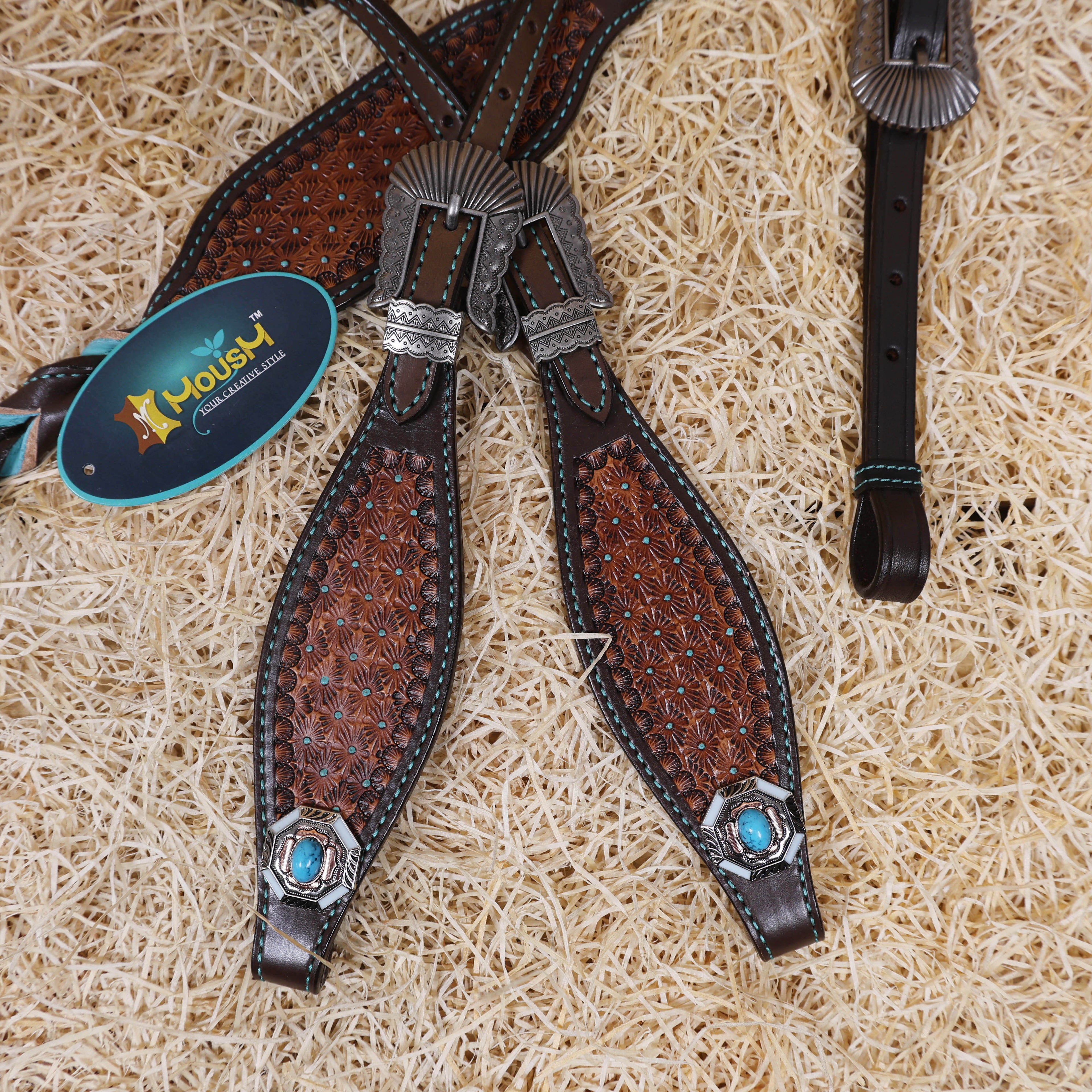 MOUSM Argentina Cow Leather Western Horse Tack Set – Decorated with Geometric Tooling, Criss-Cross Braiding with Turquoise Accents on One-Ear Headstall and Breast Collar, Turquoise Stone Conchos