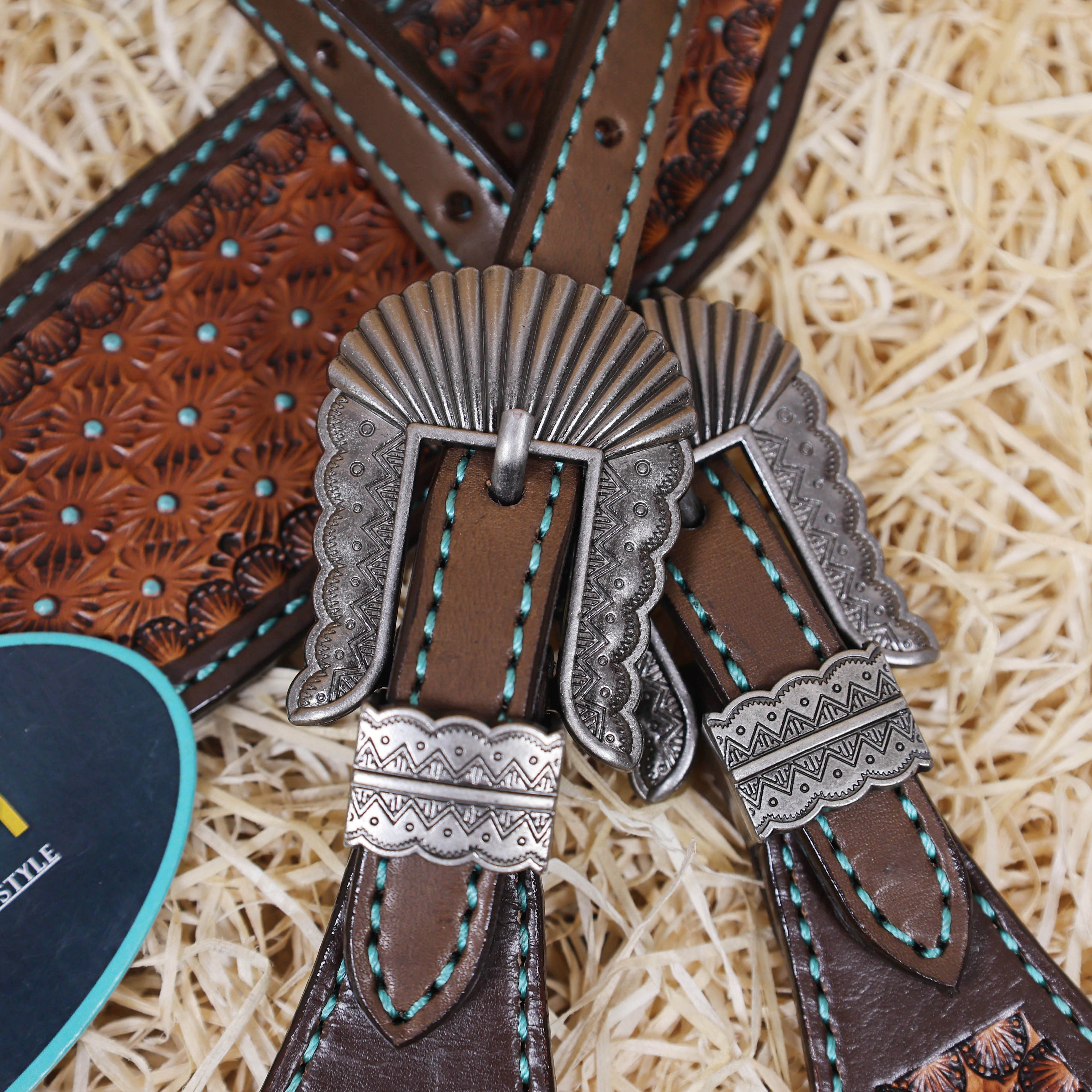 MOUSM Argentina Cow Leather Western Horse Tack Set – Decorated with Geometric Tooling, Criss-Cross Braiding with Turquoise Accents on One-Ear Headstall and Breast Collar, Turquoise Stone Conchos