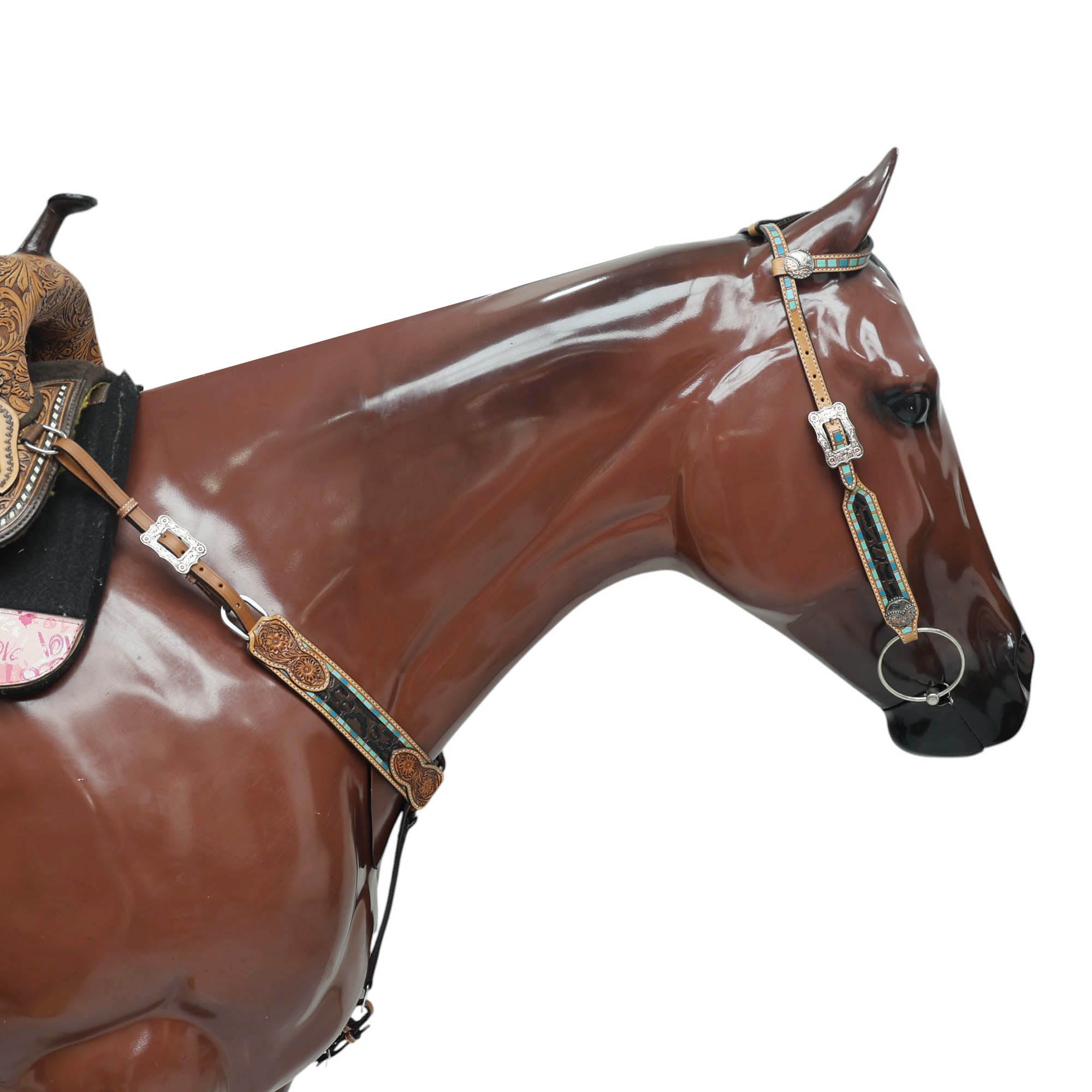 MOUSM Western Headstall and Breast Collar Set for Horses – Handcrafted from Genuine Argentina Cow Leather, Decorated with Leopard and Floral Carving, Multicolor Turquoise Border, and Engraved Conchos