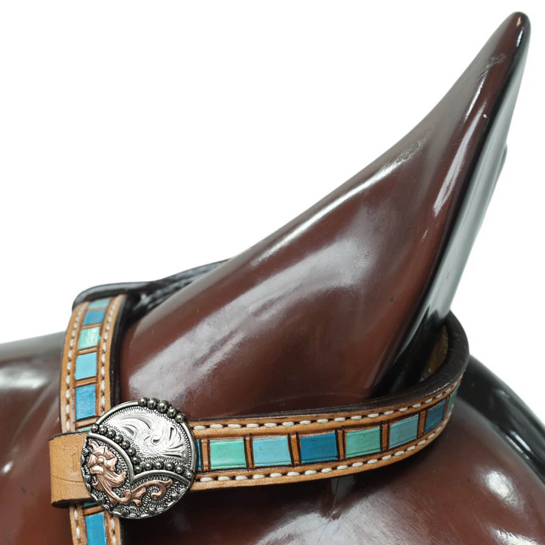 MOUSM Western Headstall and Breast Collar Set for Horses – Handcrafted from Genuine Argentina Cow Leather, Decorated with Leopard and Floral Carving, Multicolor Turquoise Border, and Engraved Conchos