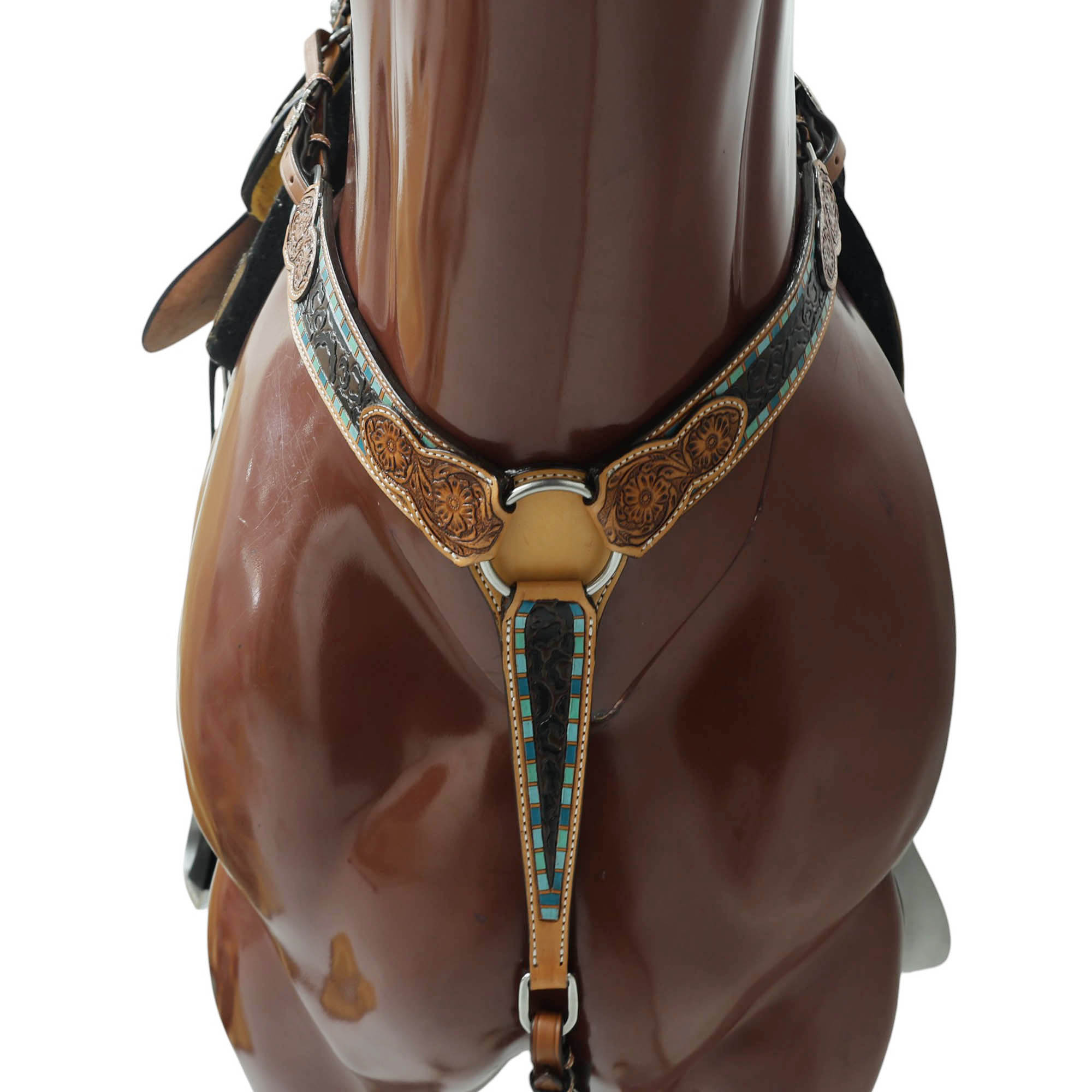 MOUSM Western Headstall and Breast Collar Set for Horses – Handcrafted from Genuine Argentina Cow Leather, Decorated with Leopard and Floral Carving, Multicolor Turquoise Border, and Engraved Conchos