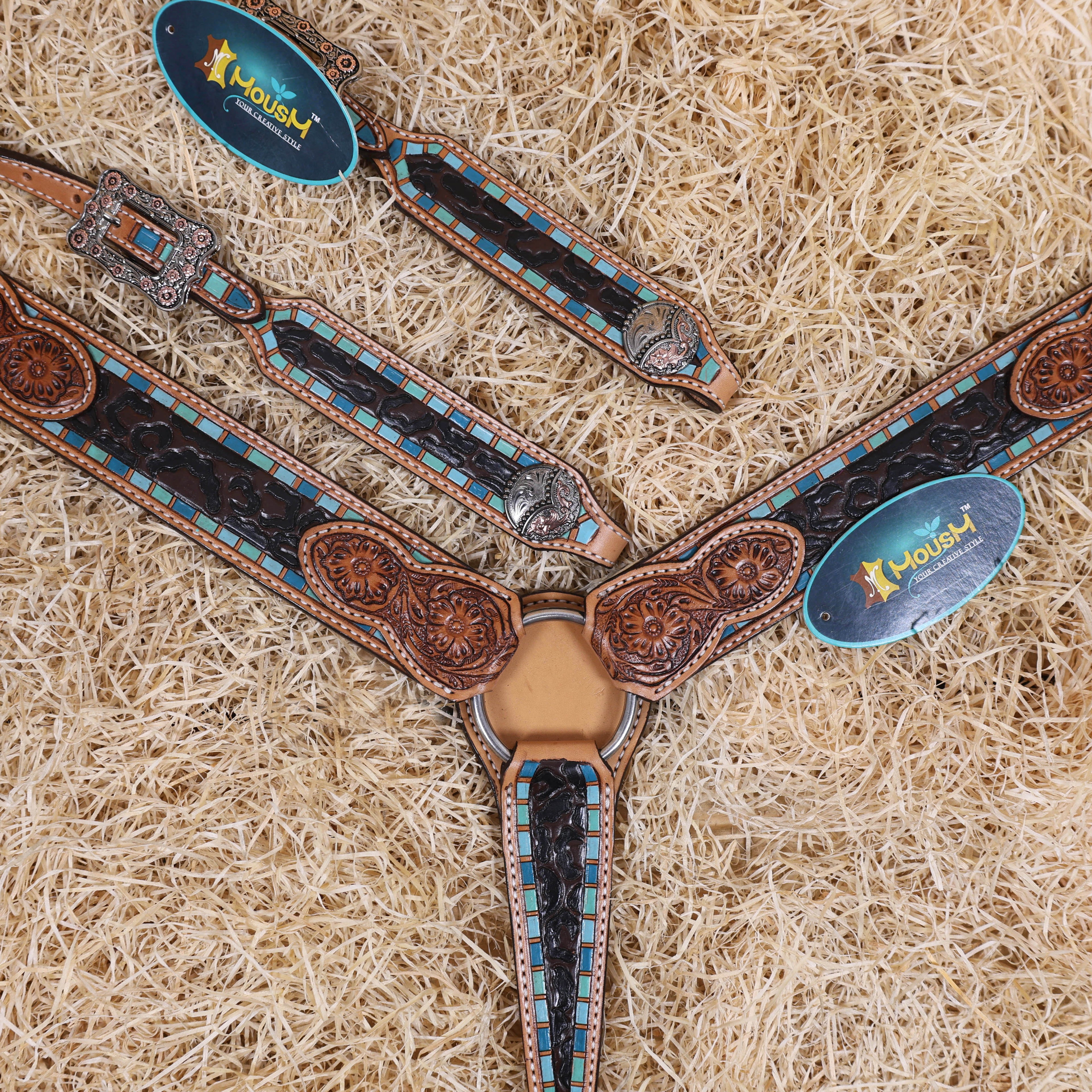 MOUSM Western Headstall and Breast Collar Set for Horses – Handcrafted from Genuine Argentina Cow Leather, Decorated with Leopard and Floral Carving, Multicolor Turquoise Border, and Engraved Conchos