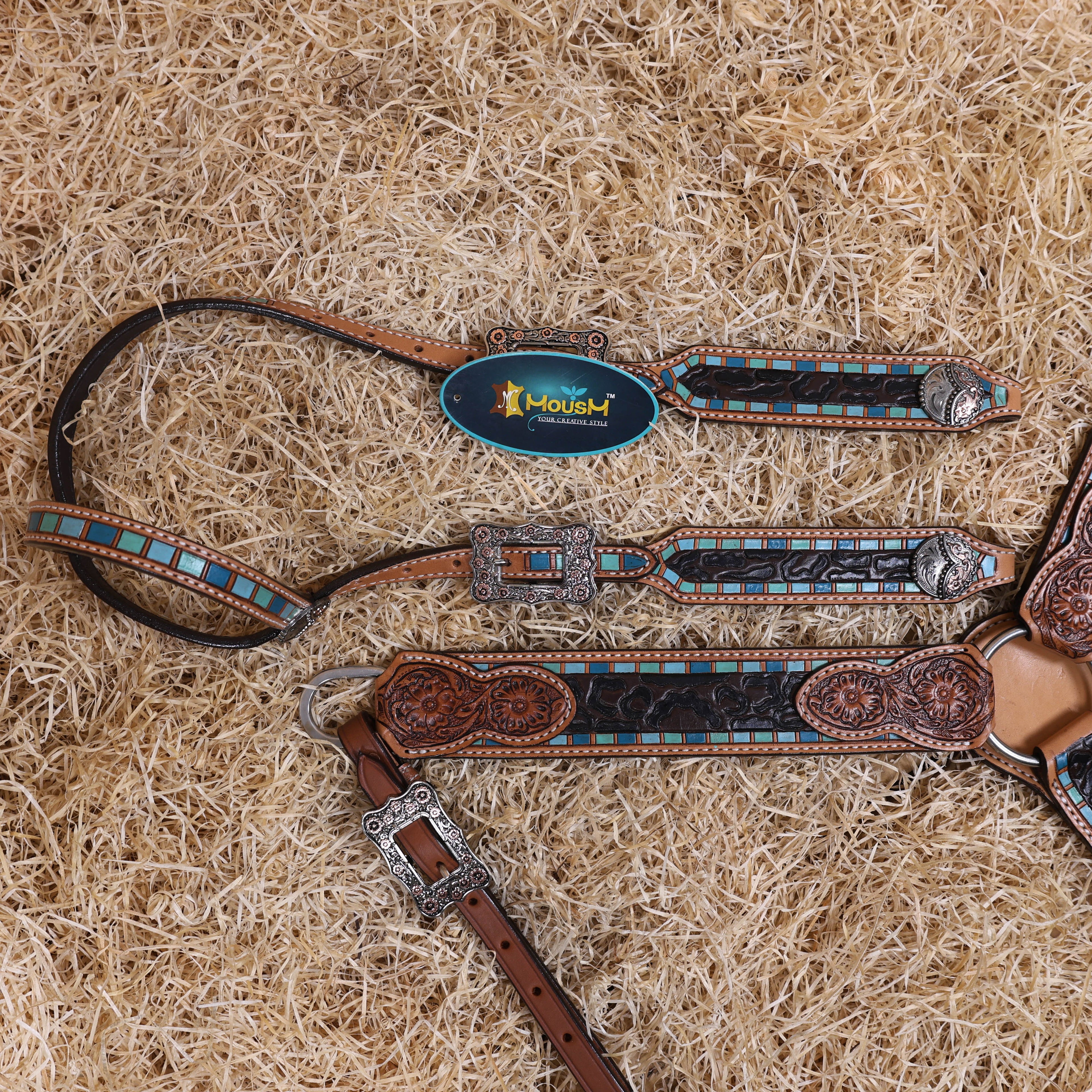 MOUSM Western Headstall and Breast Collar Set for Horses – Handcrafted from Genuine Argentina Cow Leather, Decorated with Leopard and Floral Carving, Multicolor Turquoise Border, and Engraved Conchos