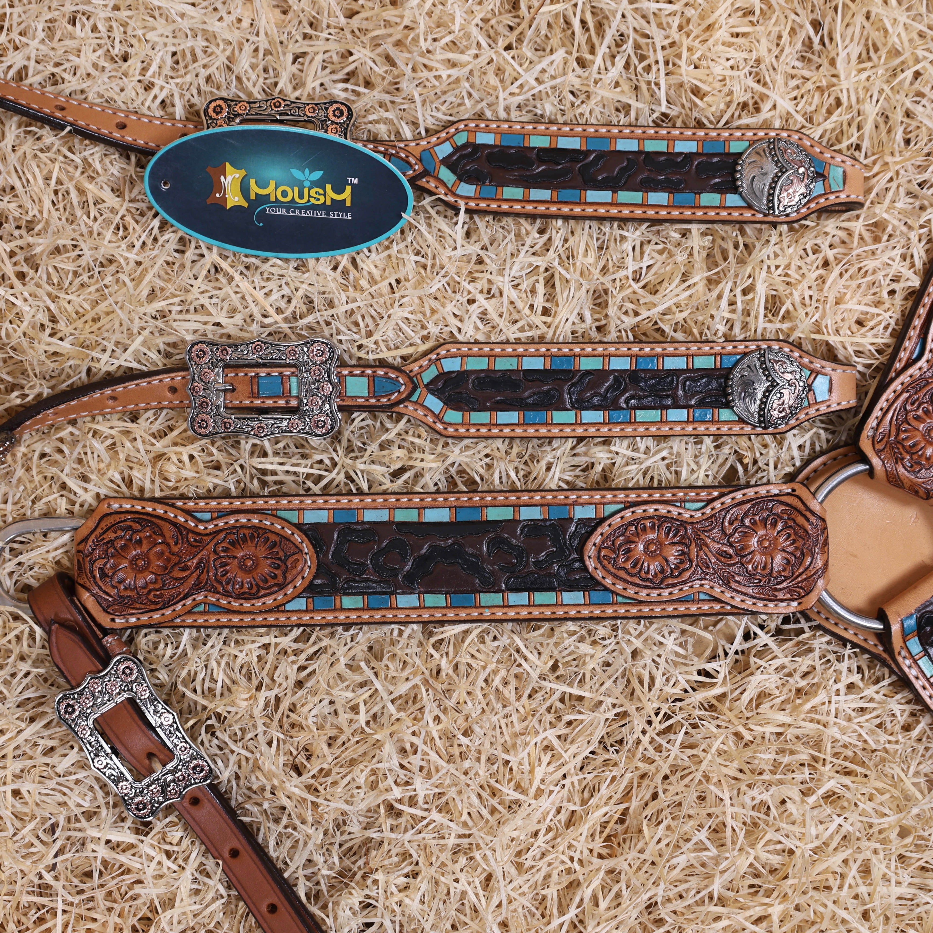 MOUSM Western Headstall and Breast Collar Set for Horses – Handcrafted from Genuine Argentina Cow Leather, Decorated with Leopard and Floral Carving, Multicolor Turquoise Border, and Engraved Conchos