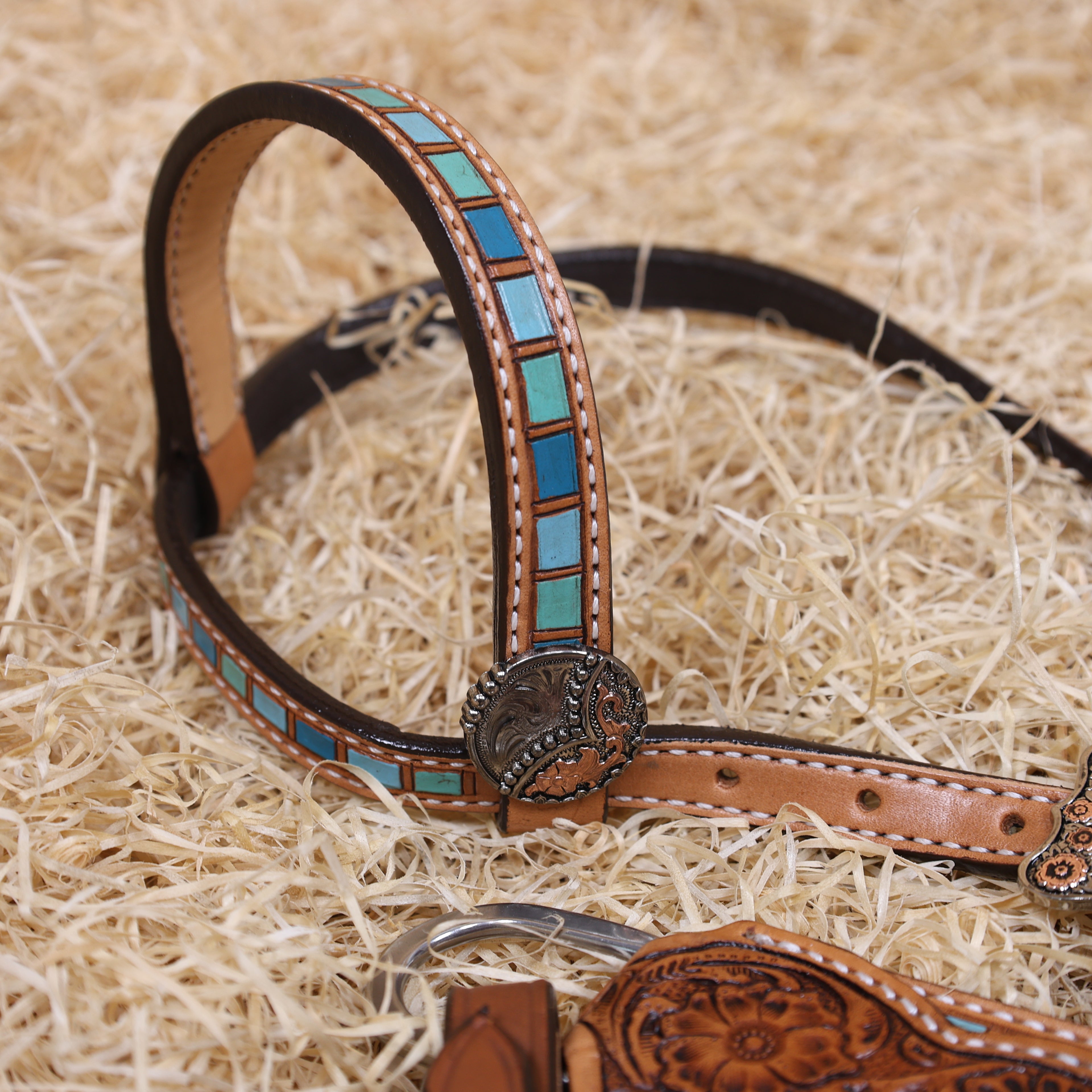MOUSM Western Headstall and Breast Collar Set for Horses – Handcrafted from Genuine Argentina Cow Leather, Decorated with Leopard and Floral Carving, Multicolor Turquoise Border, and Engraved Conchos
