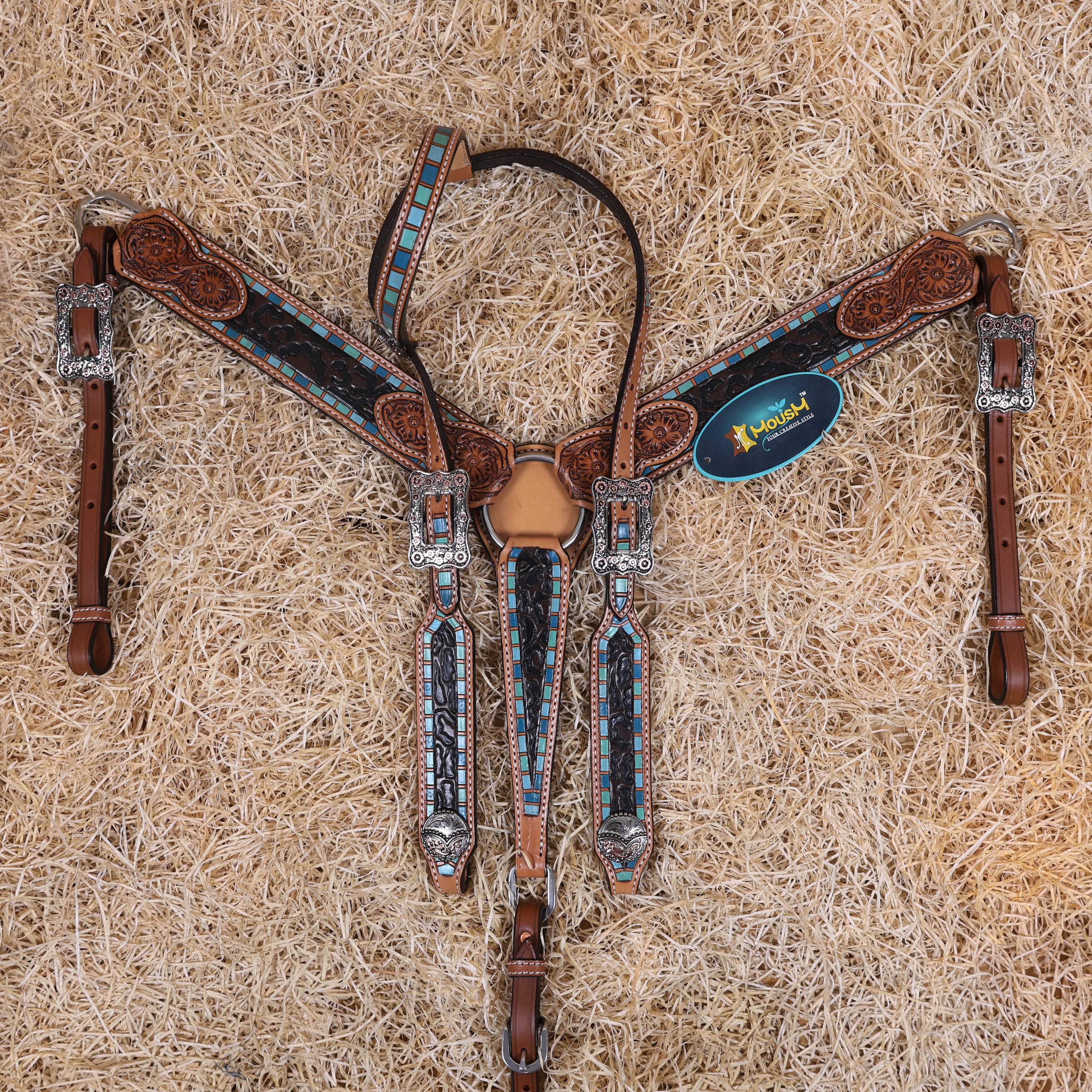 MOUSM Western Headstall and Breast Collar Set for Horses – Handcrafted from Genuine Argentina Cow Leather, Decorated with Leopard and Floral Carving, Multicolor Turquoise Border, and Engraved Conchos