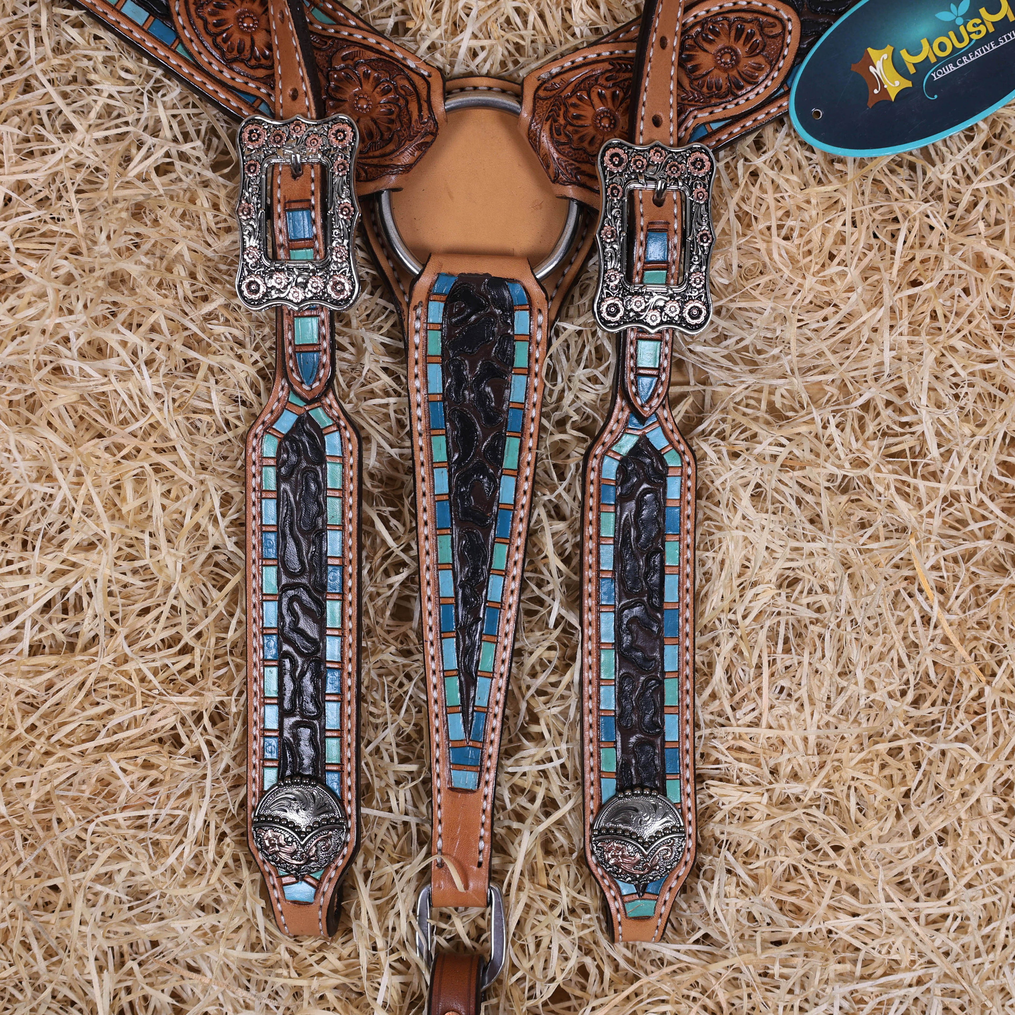 MOUSM Western Headstall and Breast Collar Set for Horses – Handcrafted from Genuine Argentina Cow Leather, Decorated with Leopard and Floral Carving, Multicolor Turquoise Border, and Engraved Conchos