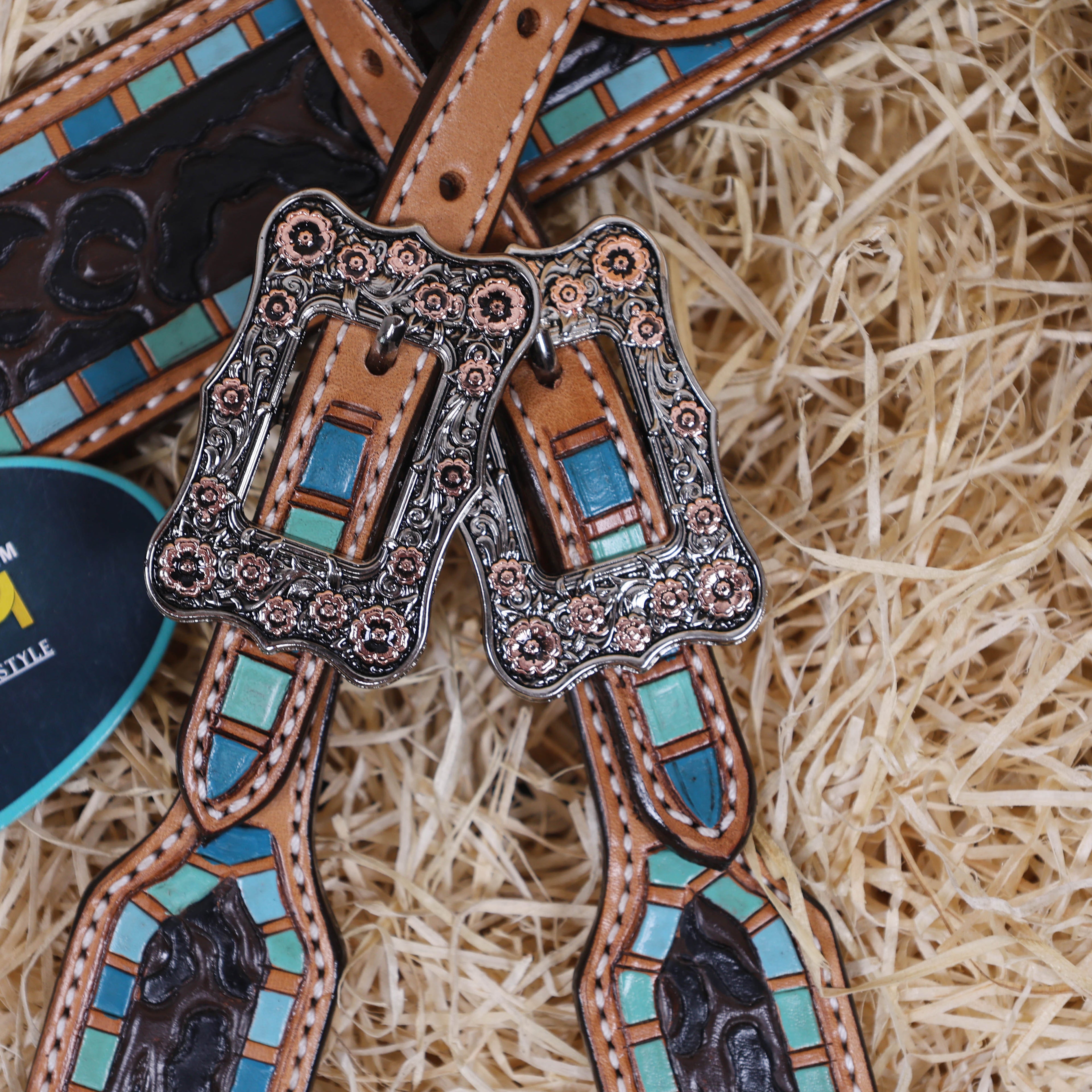 MOUSM Western Headstall and Breast Collar Set for Horses – Handcrafted from Genuine Argentina Cow Leather, Decorated with Leopard and Floral Carving, Multicolor Turquoise Border, and Engraved Conchos