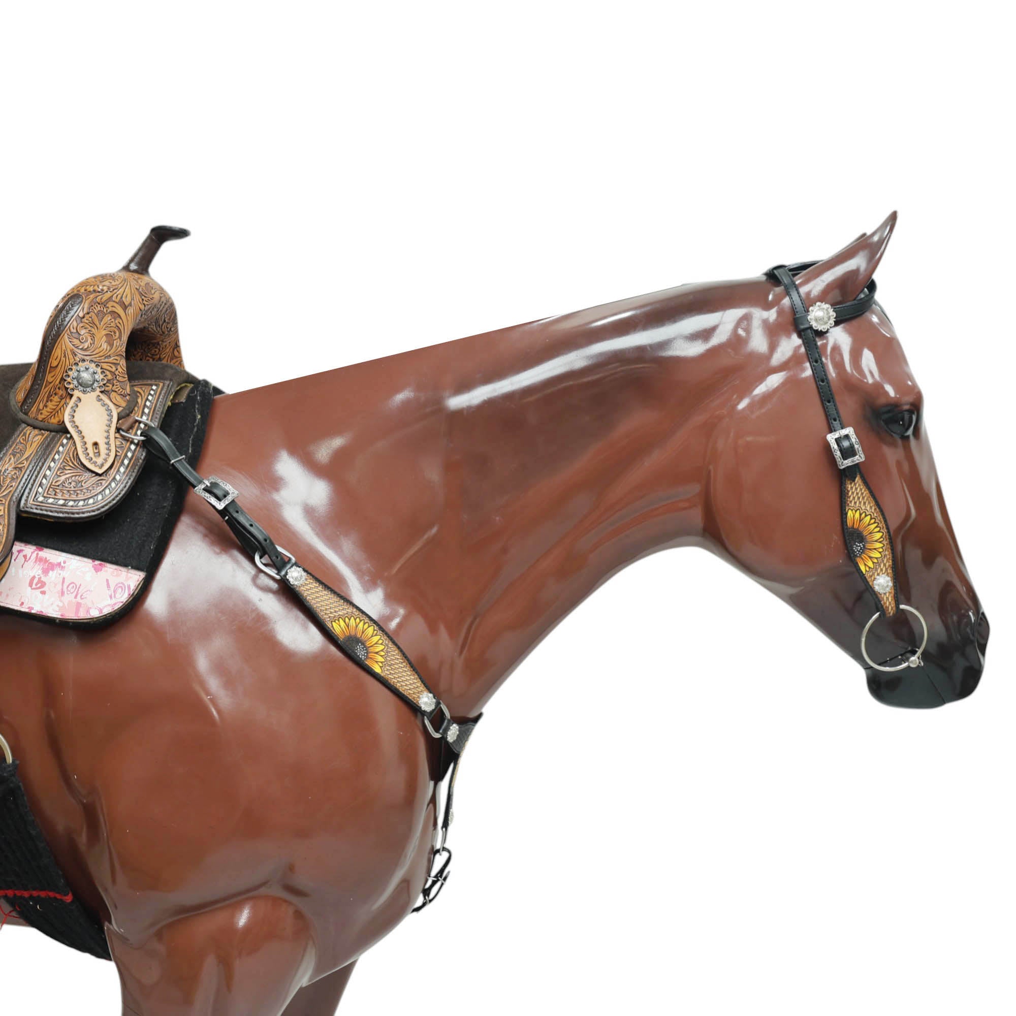 MOUSM Leather Western Headstall Set – Crafted from Genuine Argentina Cowhide with Hand-Painted Sunflower Carving, Rope Basket Weave Tooling, and Nickel Engraved Berry Conchos