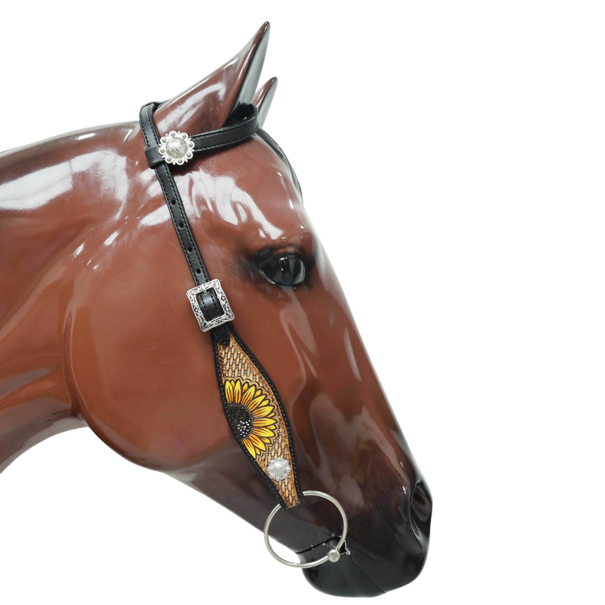 MOUSM Leather Western Headstall Set – Crafted from Genuine Argentina Cowhide with Hand-Painted Sunflower Carving, Rope Basket Weave Tooling, and Nickel Engraved Berry Conchos