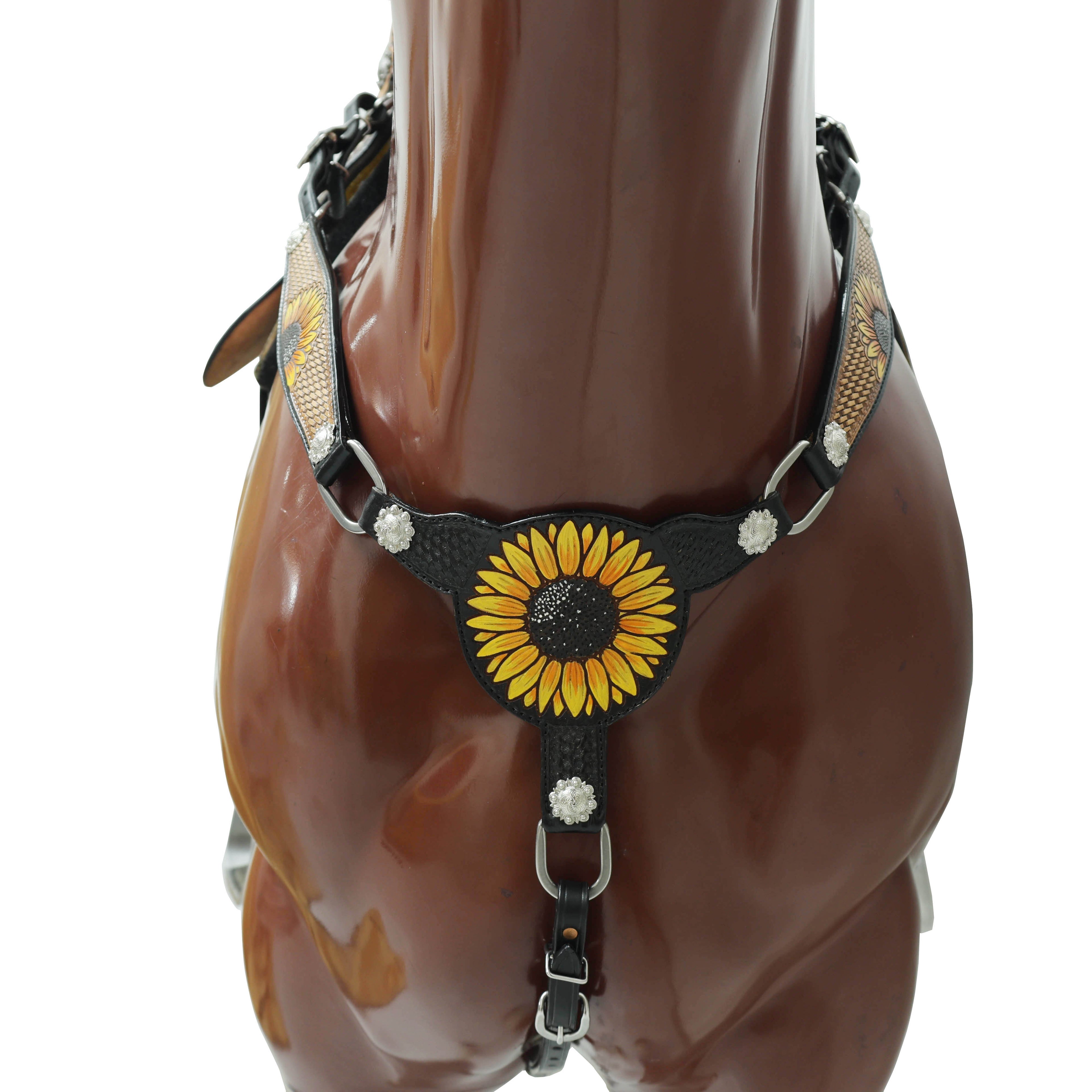 MOUSM Leather Western Headstall Set – Crafted from Genuine Argentina Cowhide with Hand-Painted Sunflower Carving, Rope Basket Weave Tooling, and Nickel Engraved Berry Conchos