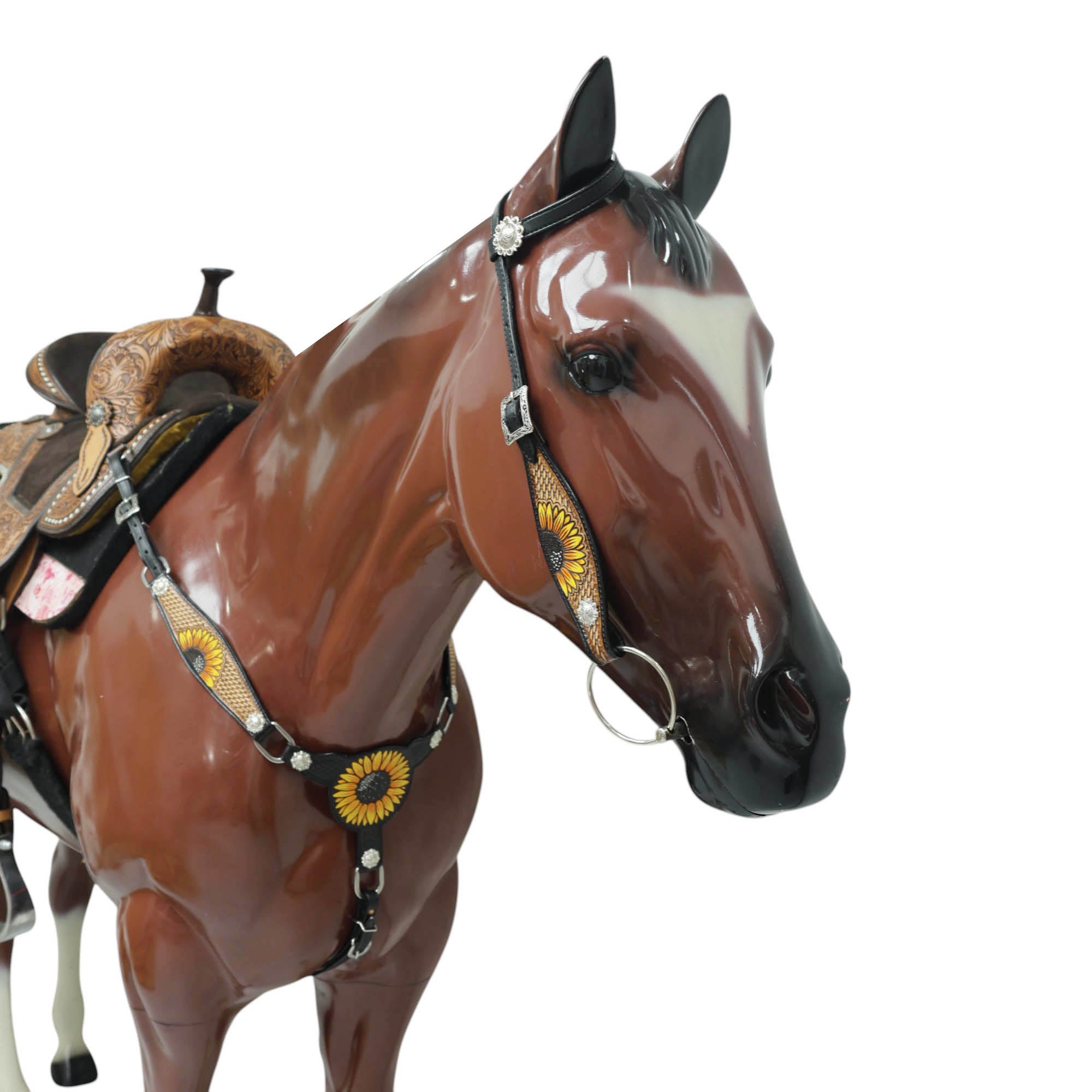 MOUSM Leather Western Headstall Set – Crafted from Genuine Argentina Cowhide with Hand-Painted Sunflower Carving, Rope Basket Weave Tooling, and Nickel Engraved Berry Conchos