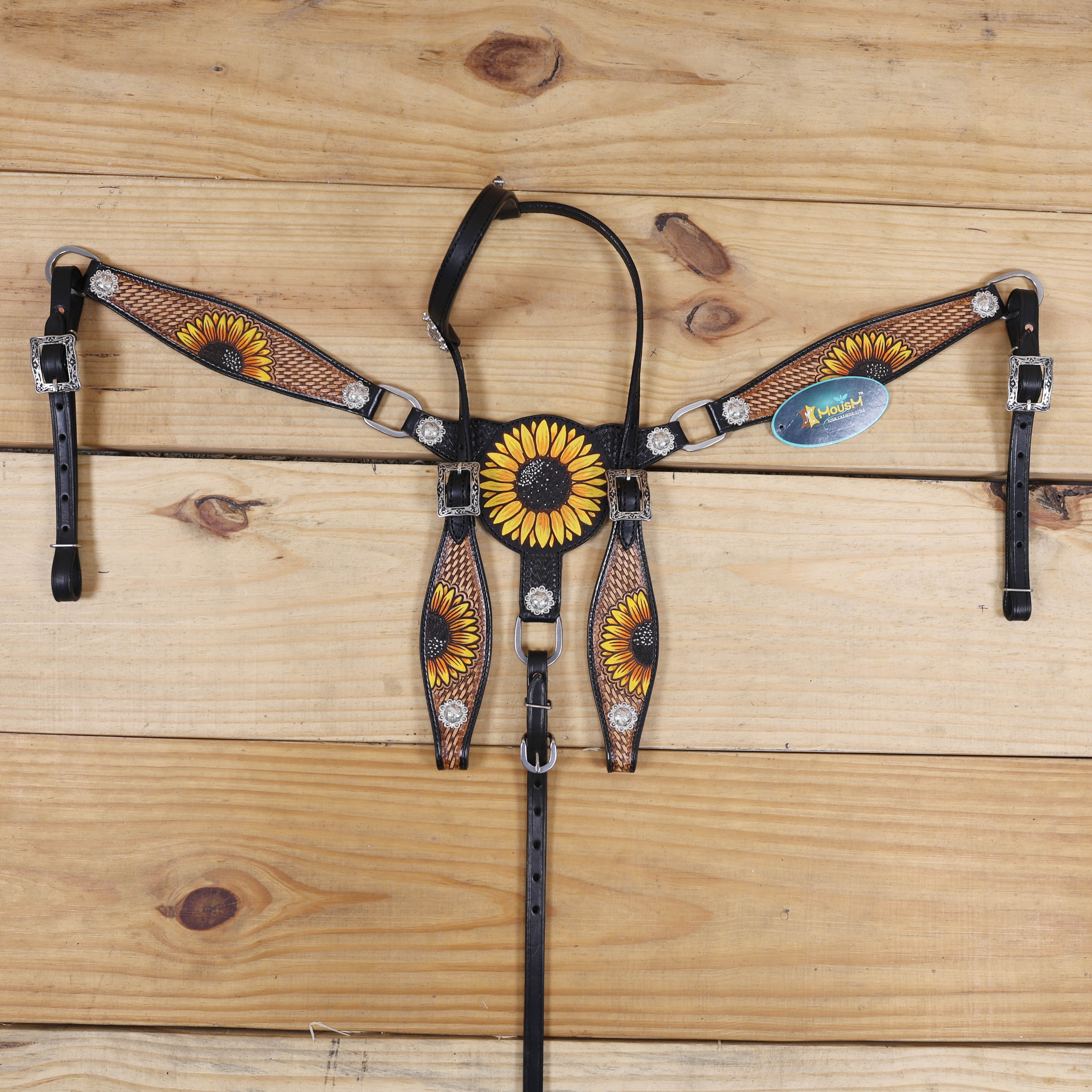 MOUSM Leather Western Headstall Set – Crafted from Genuine Argentina Cowhide with Hand-Painted Sunflower Carving, Rope Basket Weave Tooling, and Nickel Engraved Berry Conchos
