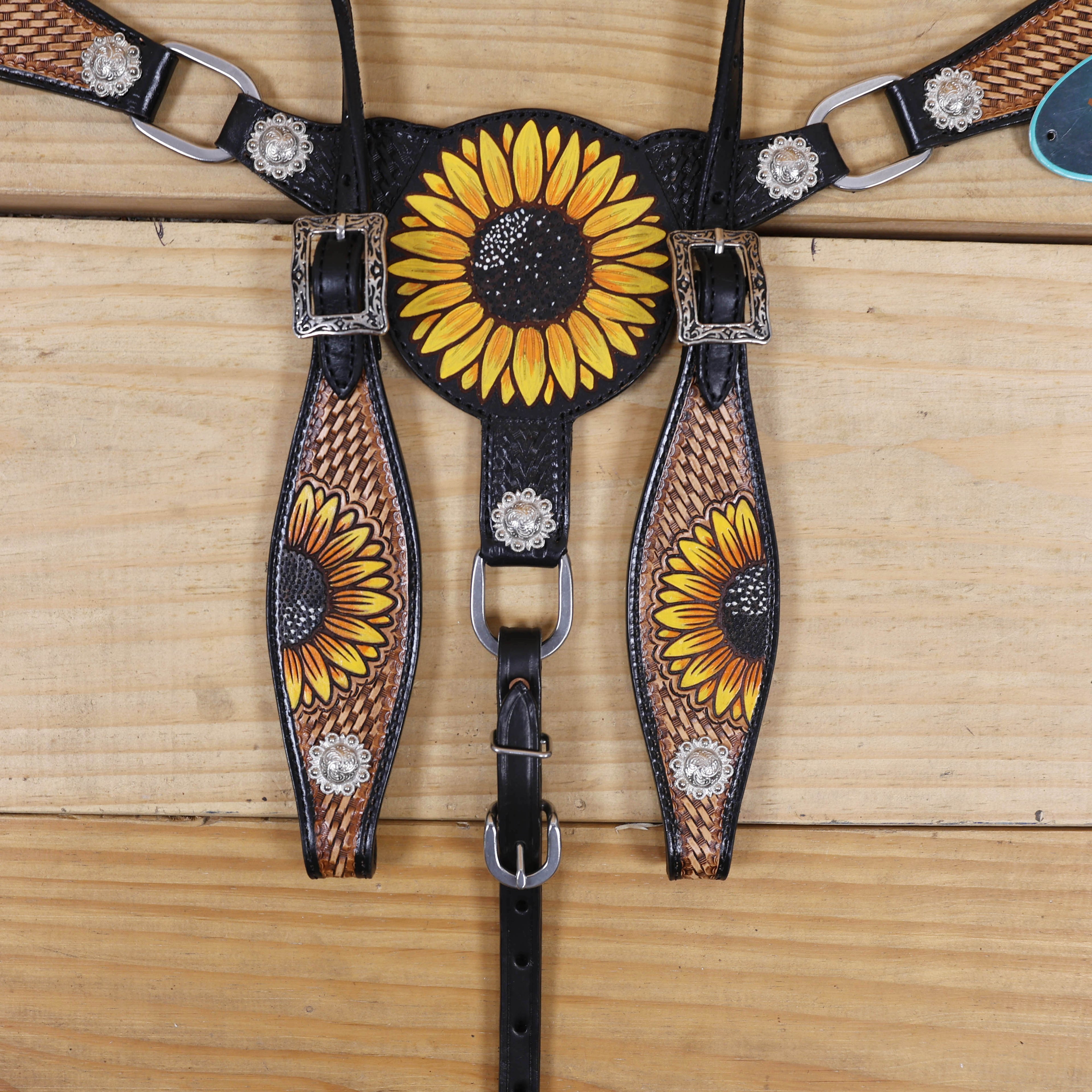 MOUSM Leather Western Headstall Set – Crafted from Genuine Argentina Cowhide with Hand-Painted Sunflower Carving, Rope Basket Weave Tooling, and Nickel Engraved Berry Conchos