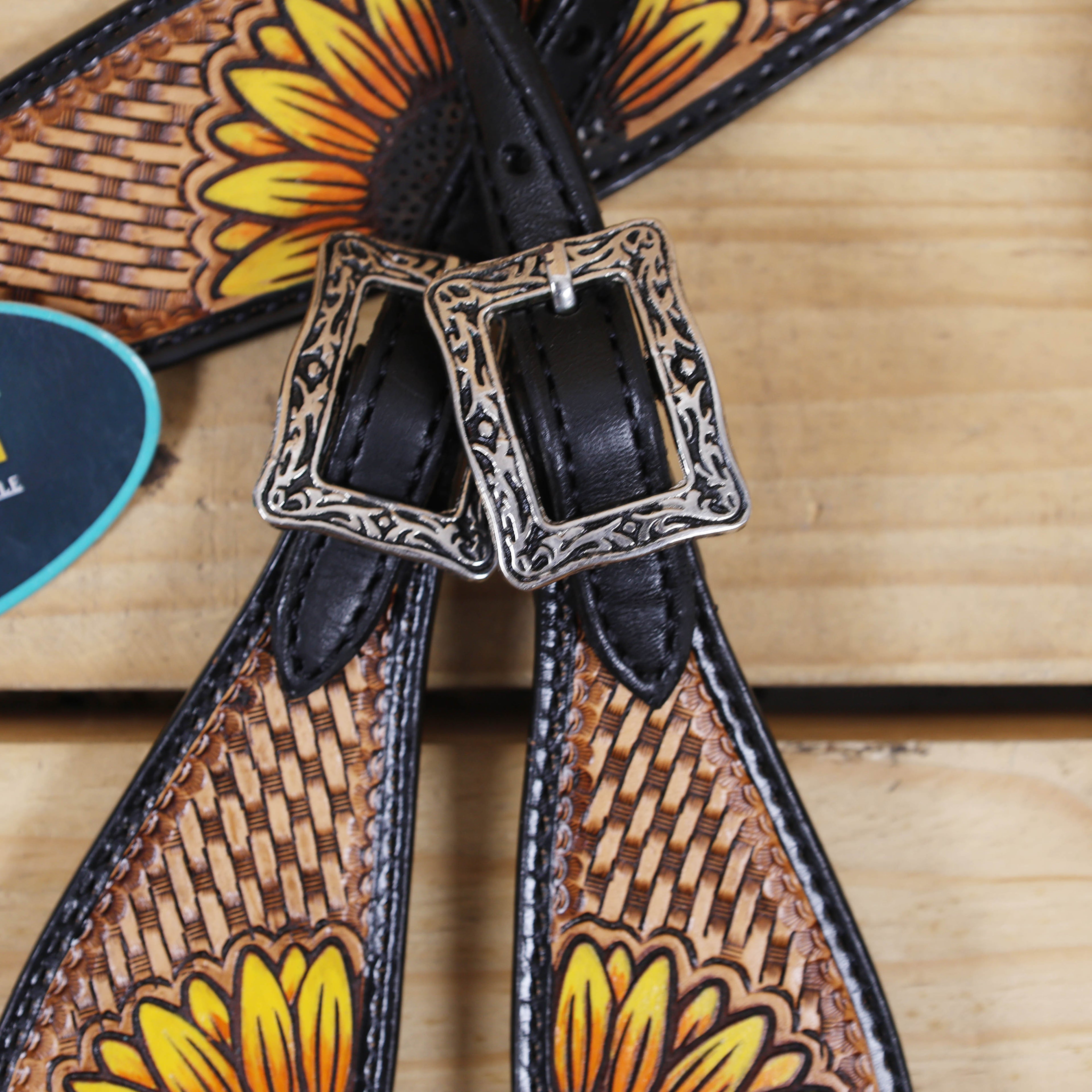 MOUSM Leather Western Headstall Set – Crafted from Genuine Argentina Cowhide with Hand-Painted Sunflower Carving, Rope Basket Weave Tooling, and Nickel Engraved Berry Conchos