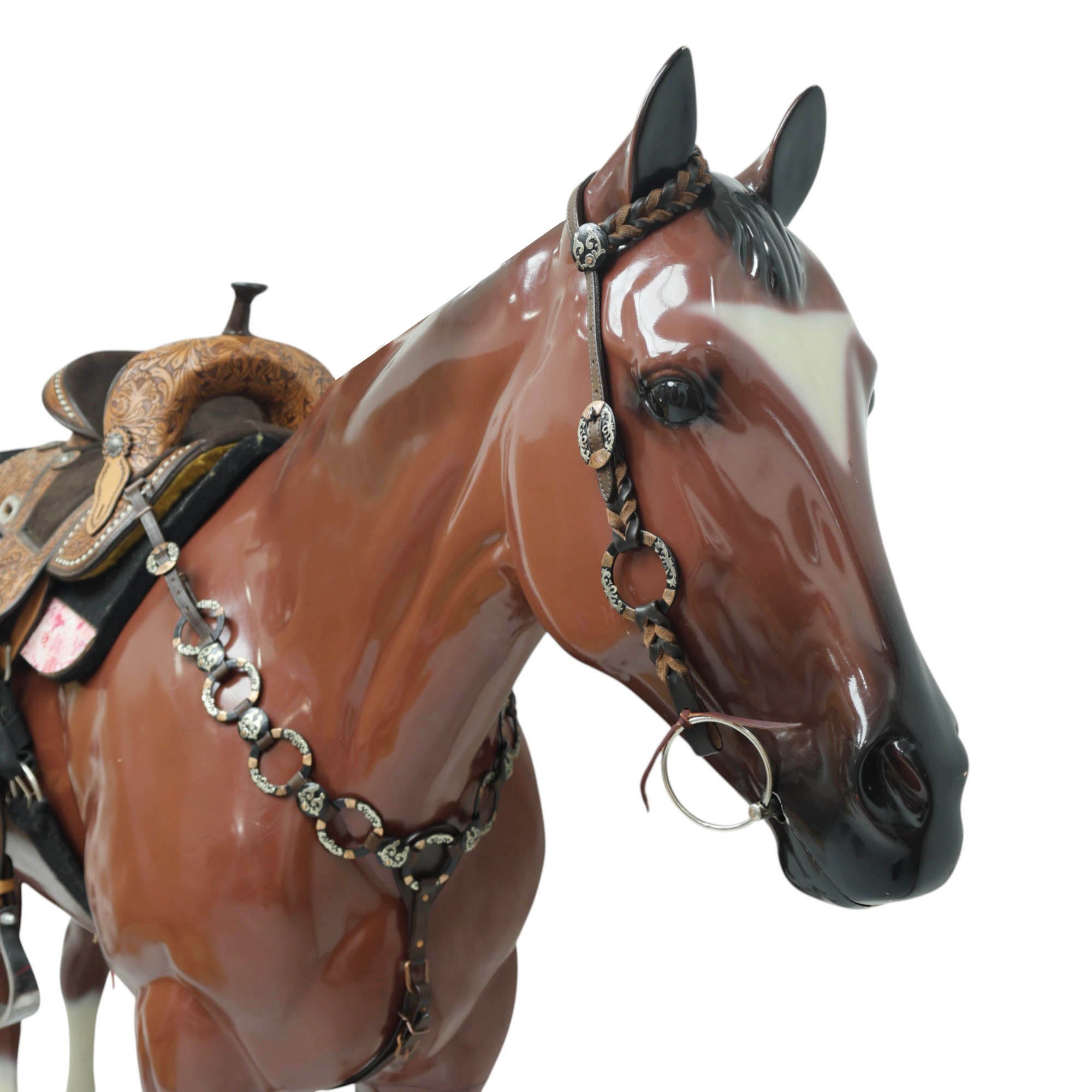 MOUSM Western Horse Headstall Set – Leather-Braided One-Ear and Cheekpieces, Featuring Engraved Rings Connected by Leather Strap with Engraved Concho on the Breast Collar