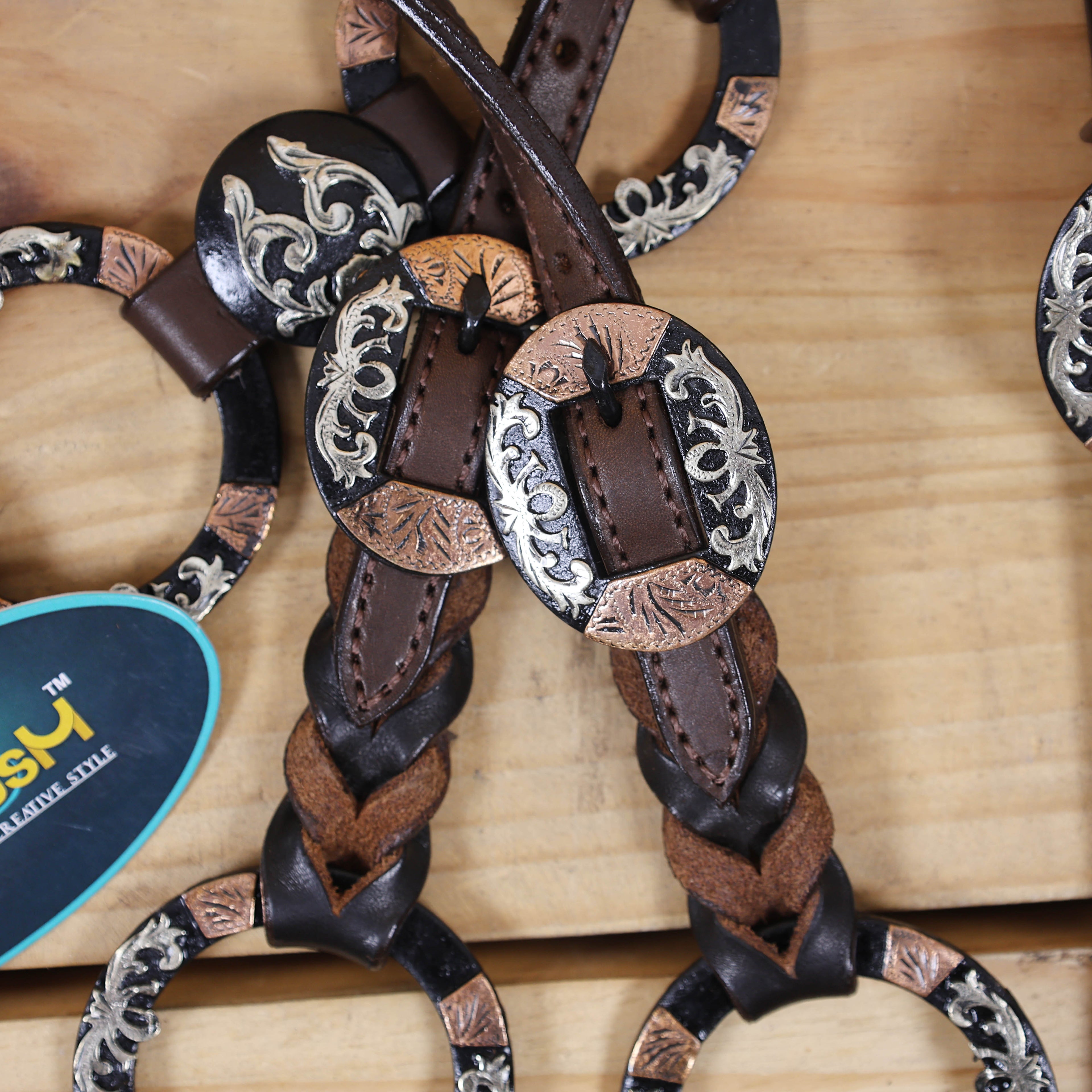 MOUSM Western Horse Headstall Set – Leather-Braided One-Ear and Cheekpieces, Featuring Engraved Rings Connected by Leather Strap with Engraved Concho on the Breast Collar