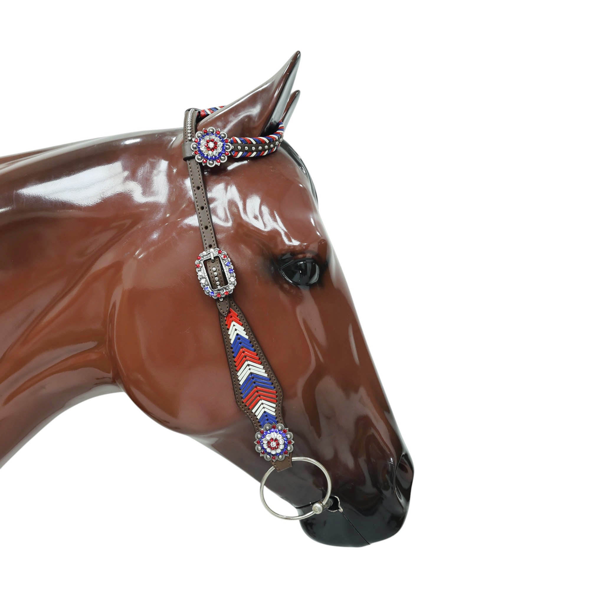 Western Headstall and Breast Collar Set, American Flag Tricolor Arrow Style Rawhide Braiding All Over Breast Collar and Cheekpieces, Rhinestone Concho MOUSM