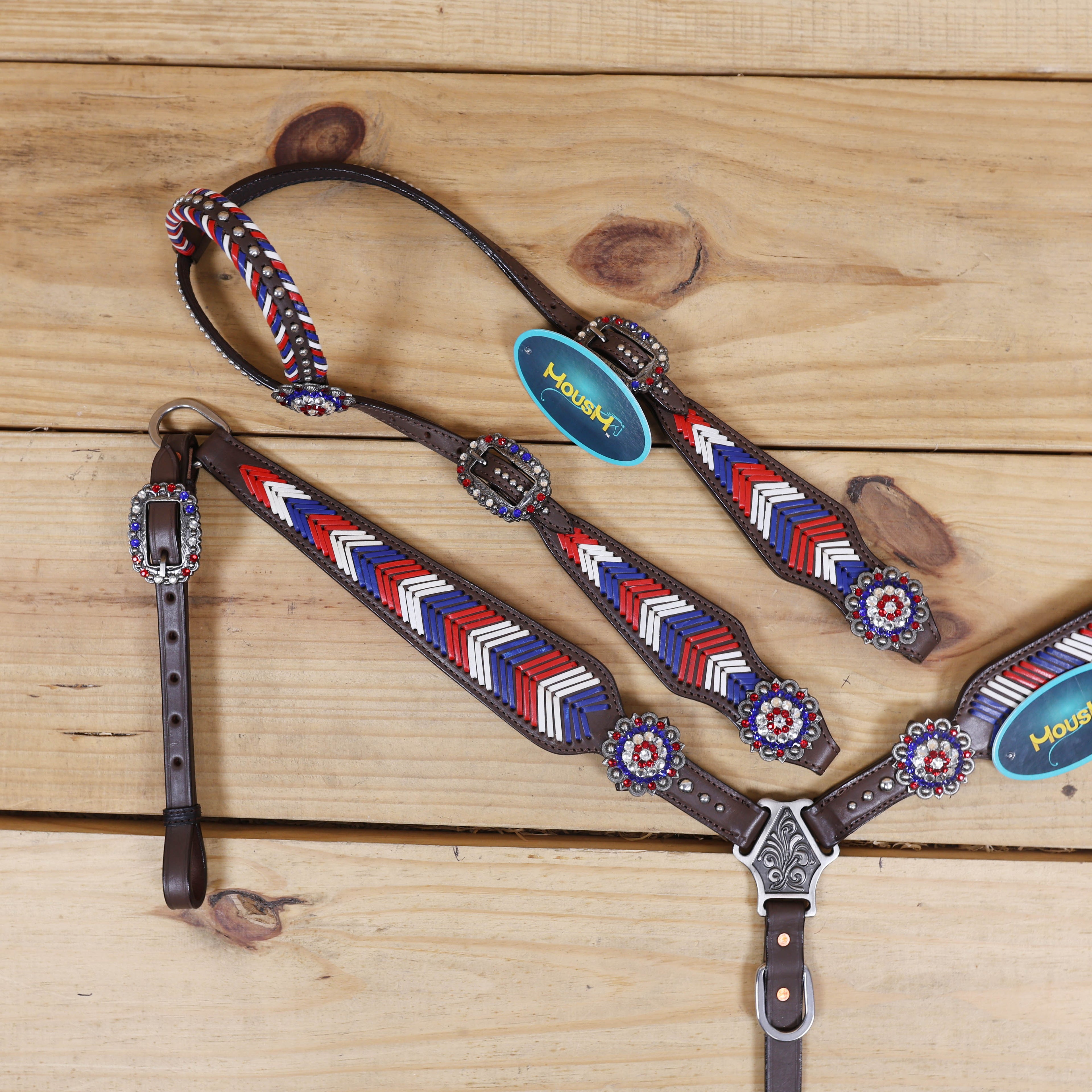 Western Headstall and Breast Collar Set, American Flag Tricolor Arrow Style Rawhide Braiding All Over Breast Collar and Cheekpieces, Rhinestone Concho MOUSM