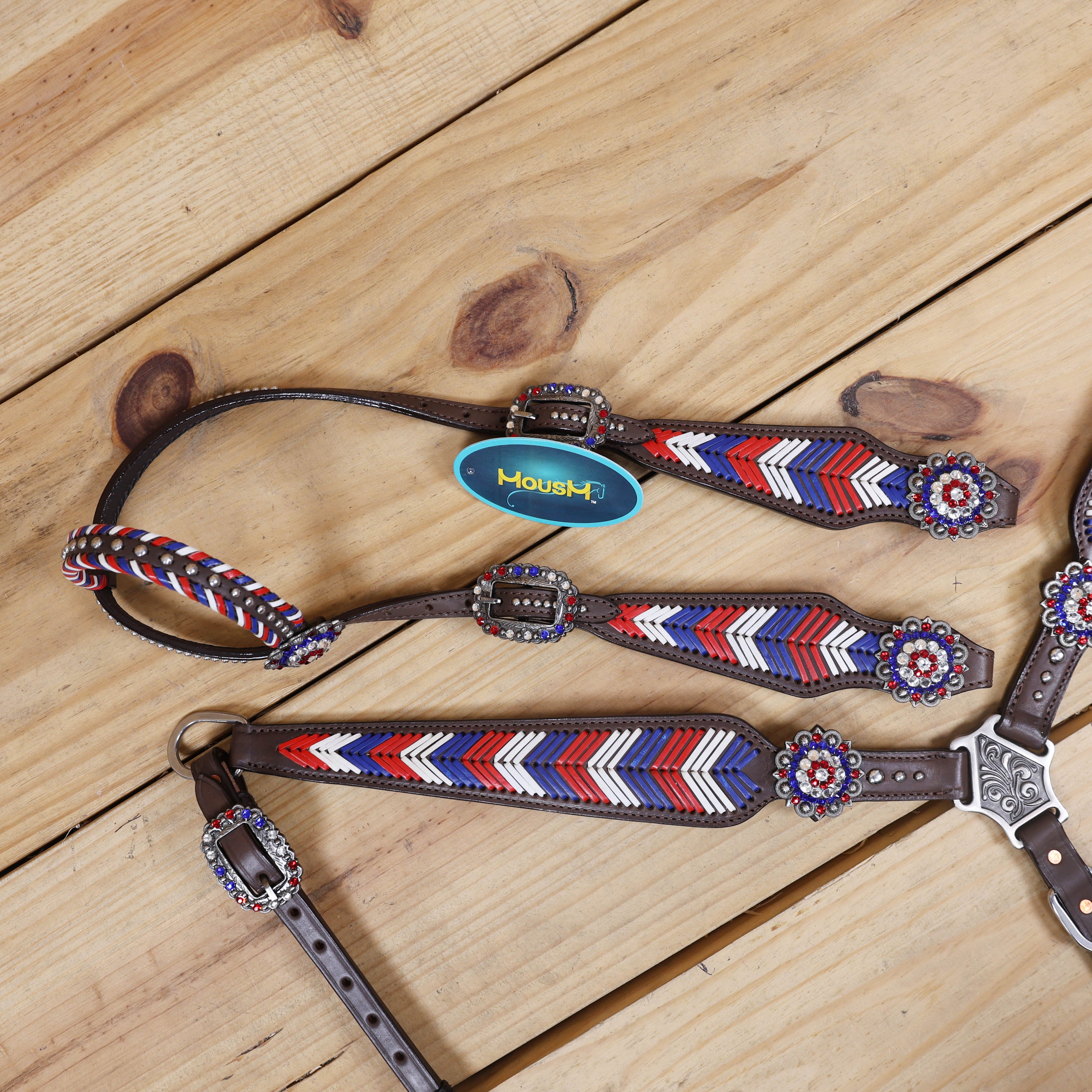 Western Headstall and Breast Collar Set, American Flag Tricolor Arrow Style Rawhide Braiding All Over Breast Collar and Cheekpieces, Rhinestone Concho MOUSM