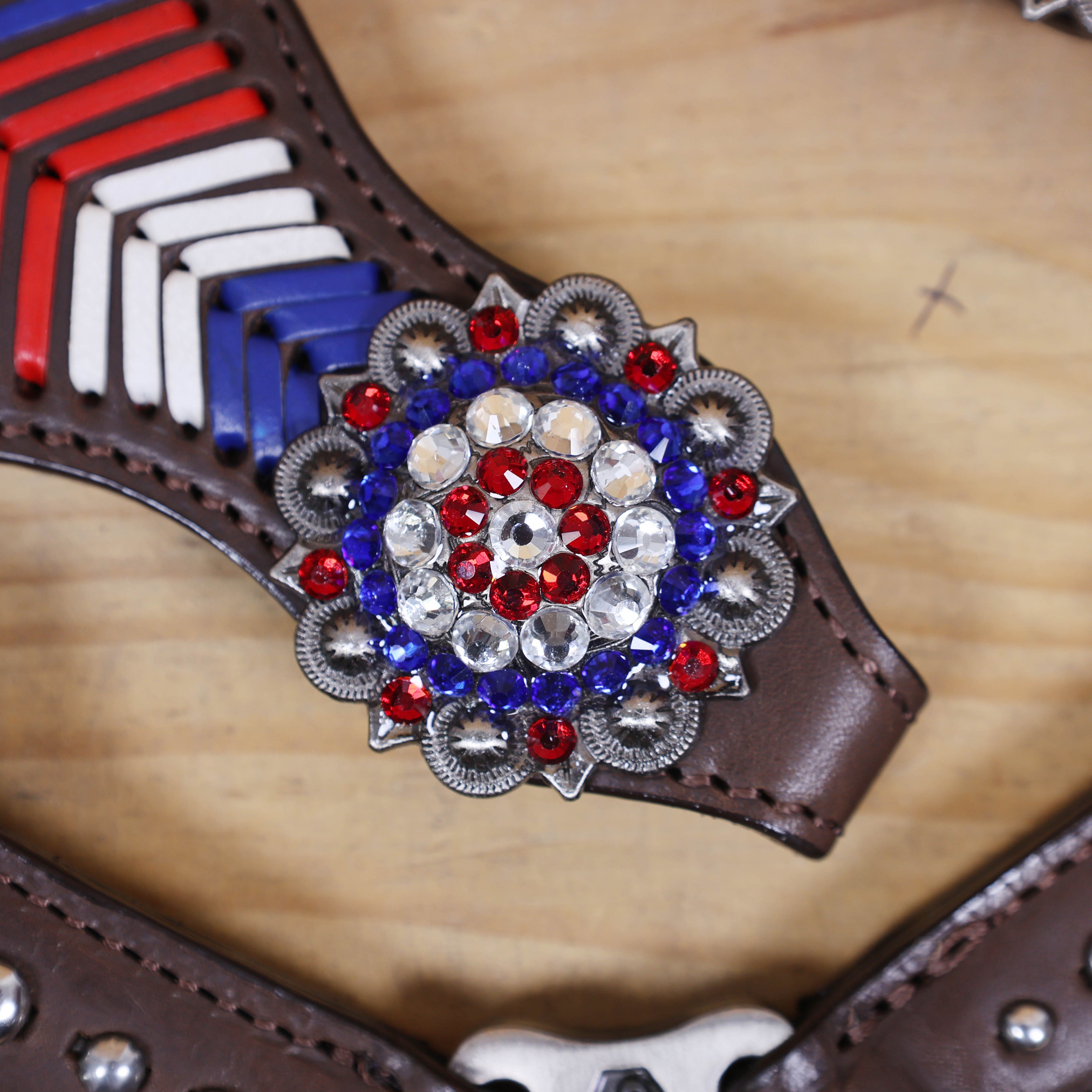 Western Headstall and Breast Collar Set, American Flag Tricolor Arrow Style Rawhide Braiding All Over Breast Collar and Cheekpieces, Rhinestone Concho MOUSM