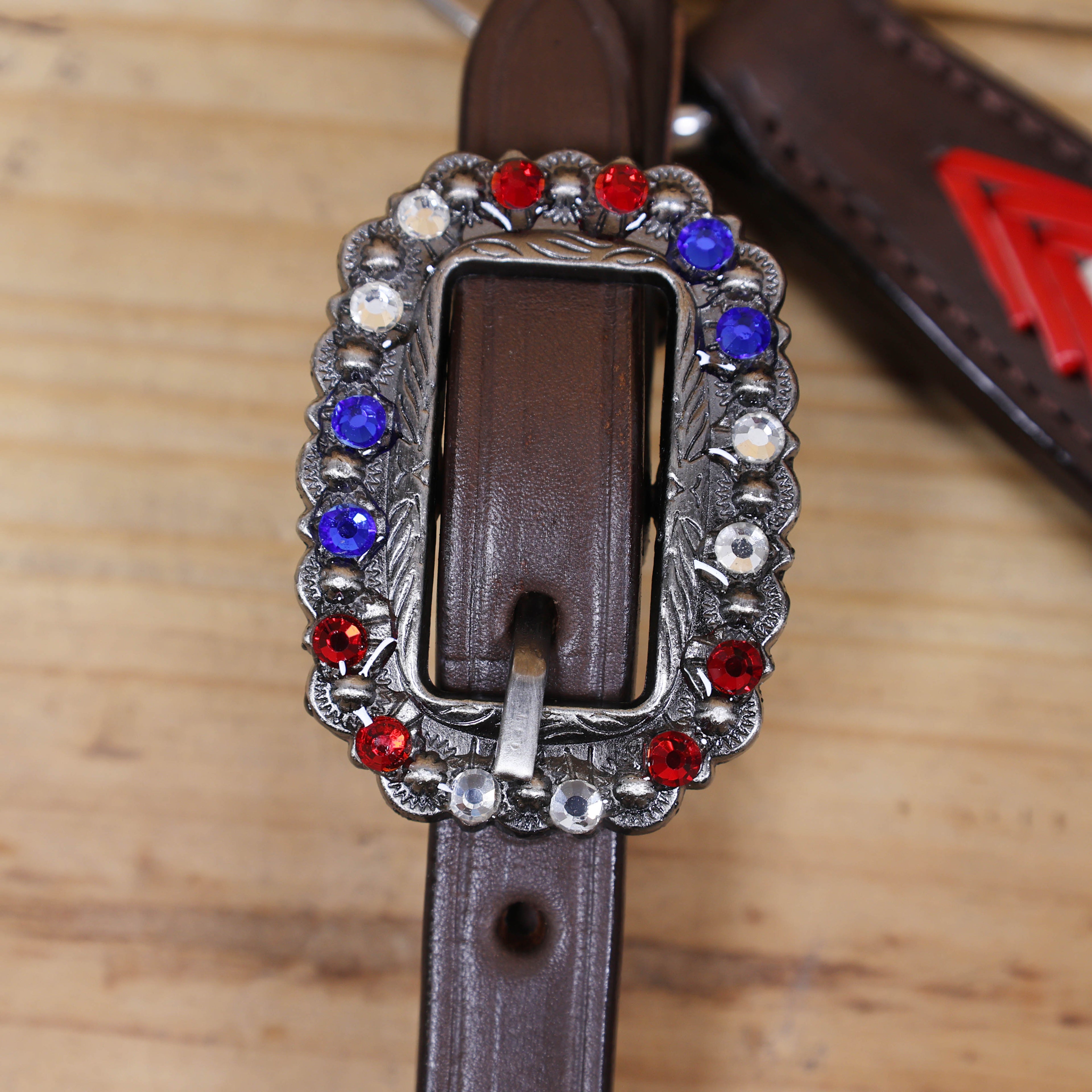 Western Headstall and Breast Collar Set, American Flag Tricolor Arrow Style Rawhide Braiding All Over Breast Collar and Cheekpieces, Rhinestone Concho MOUSM