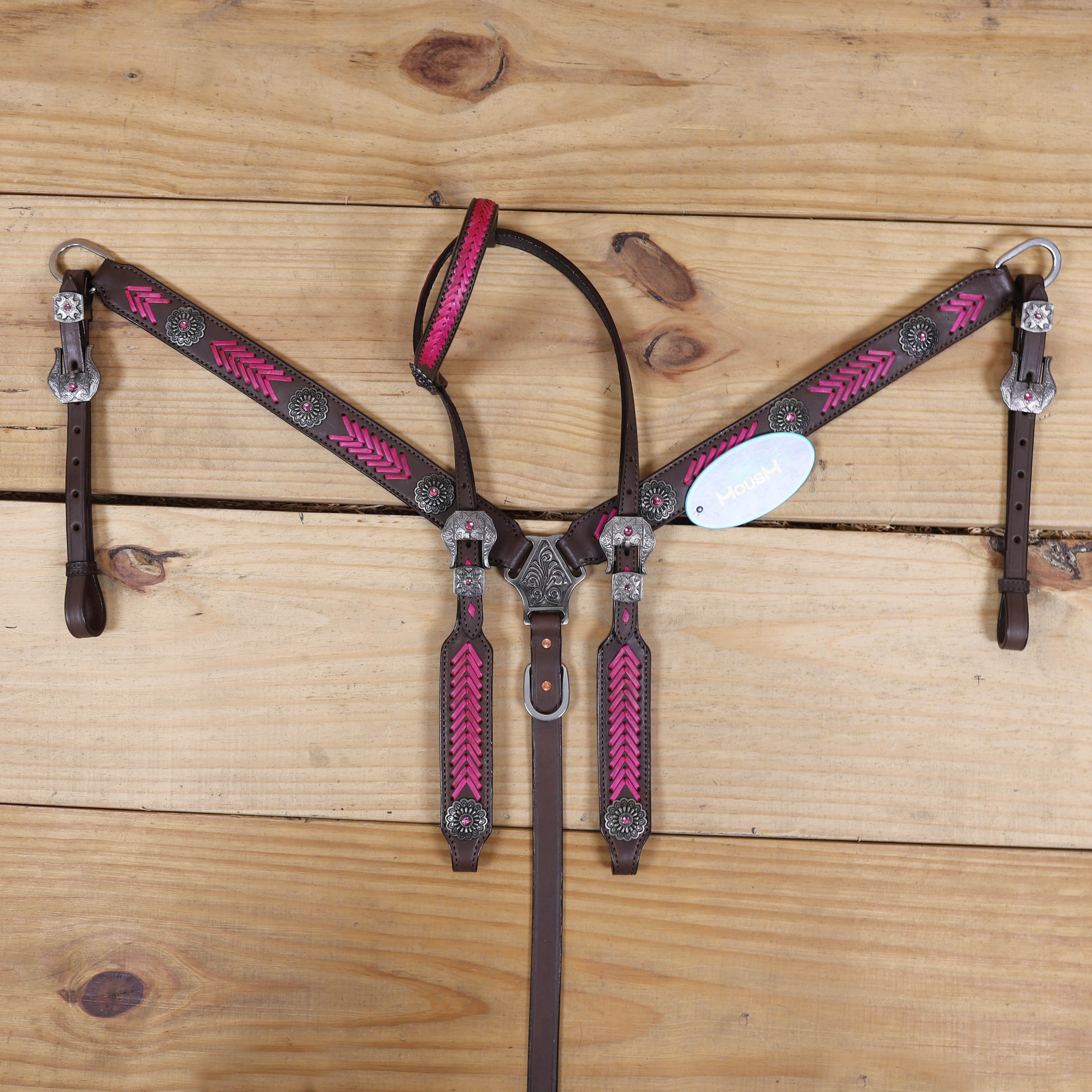 Western Headstall Breast Collar Set, Pink Arrow Style Rawhide Braiding with Buck Stitching on Cheek Piece and One Ear, Native American Conchos MOUSM