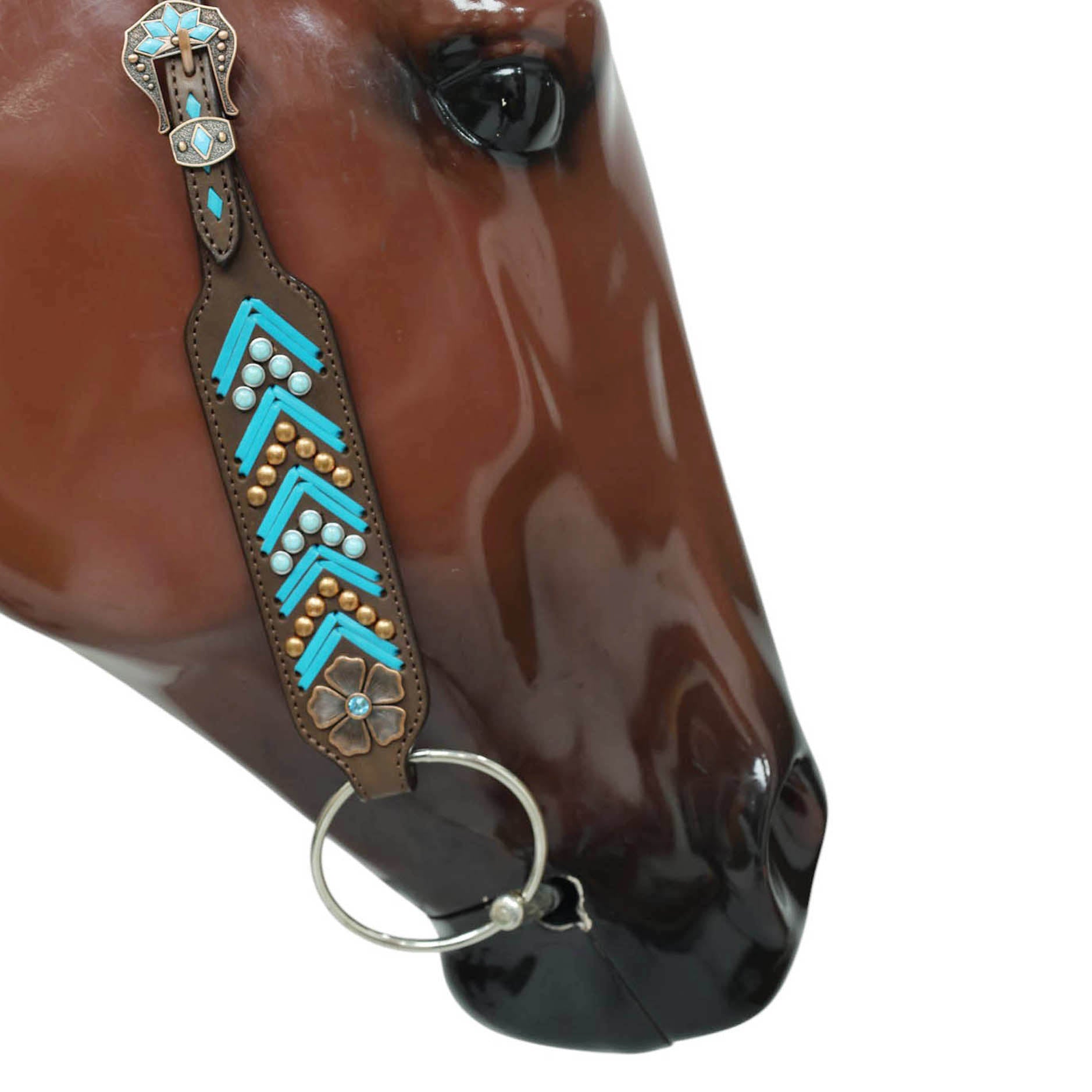 Western Horse Headstall, Turquoise Arrow Shape Rawhide Braiding with Copper and Turquoise Studs All Over the Tack with Flower Conchos MOUSM