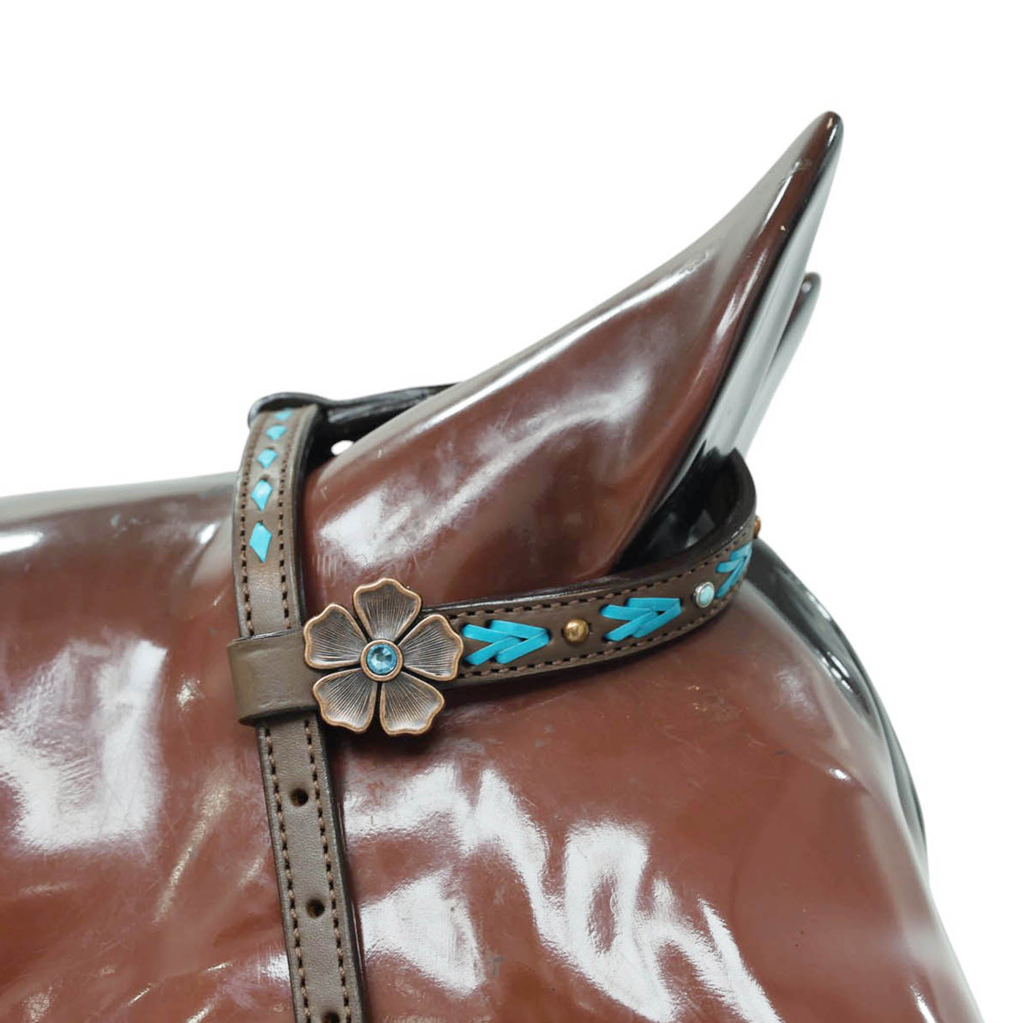 Western Horse Headstall, Turquoise Arrow Shape Rawhide Braiding with Copper and Turquoise Studs All Over the Tack with Flower Conchos MOUSM