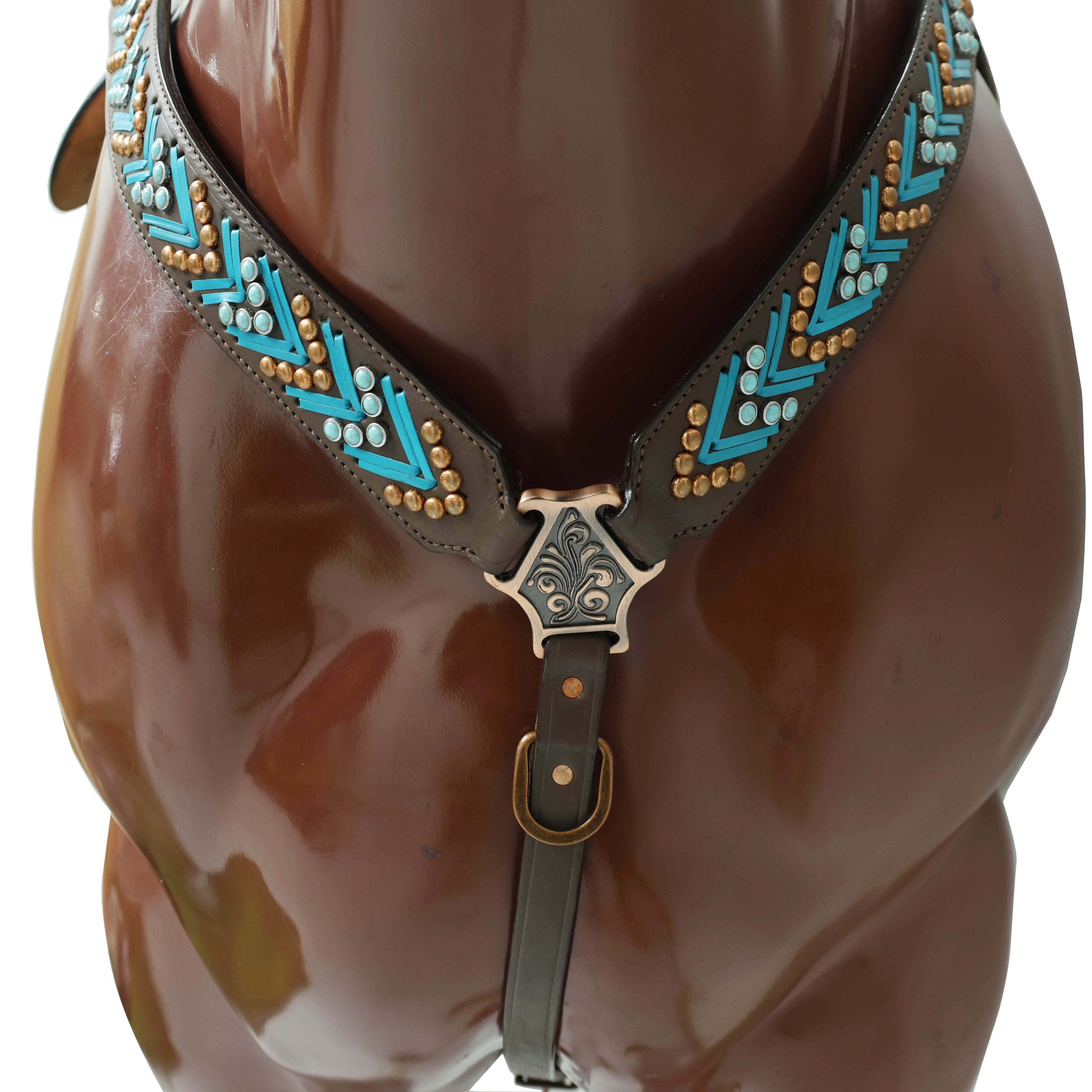 Western Horse Headstall, Turquoise Arrow Shape Rawhide Braiding with Copper and Turquoise Studs All Over the Tack with Flower Conchos MOUSM