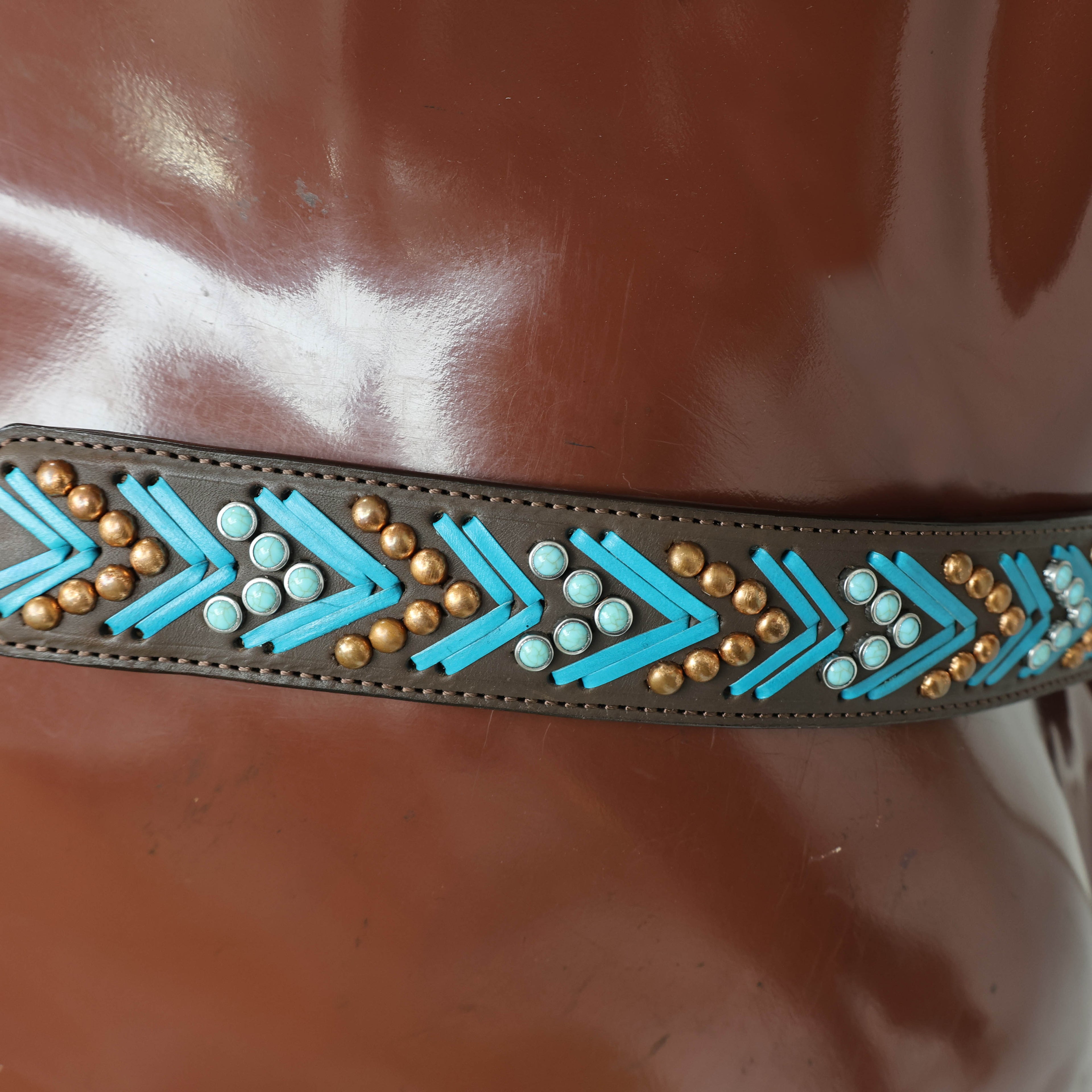 Western Horse Headstall, Turquoise Arrow Shape Rawhide Braiding with Copper and Turquoise Studs All Over the Tack with Flower Conchos MOUSM