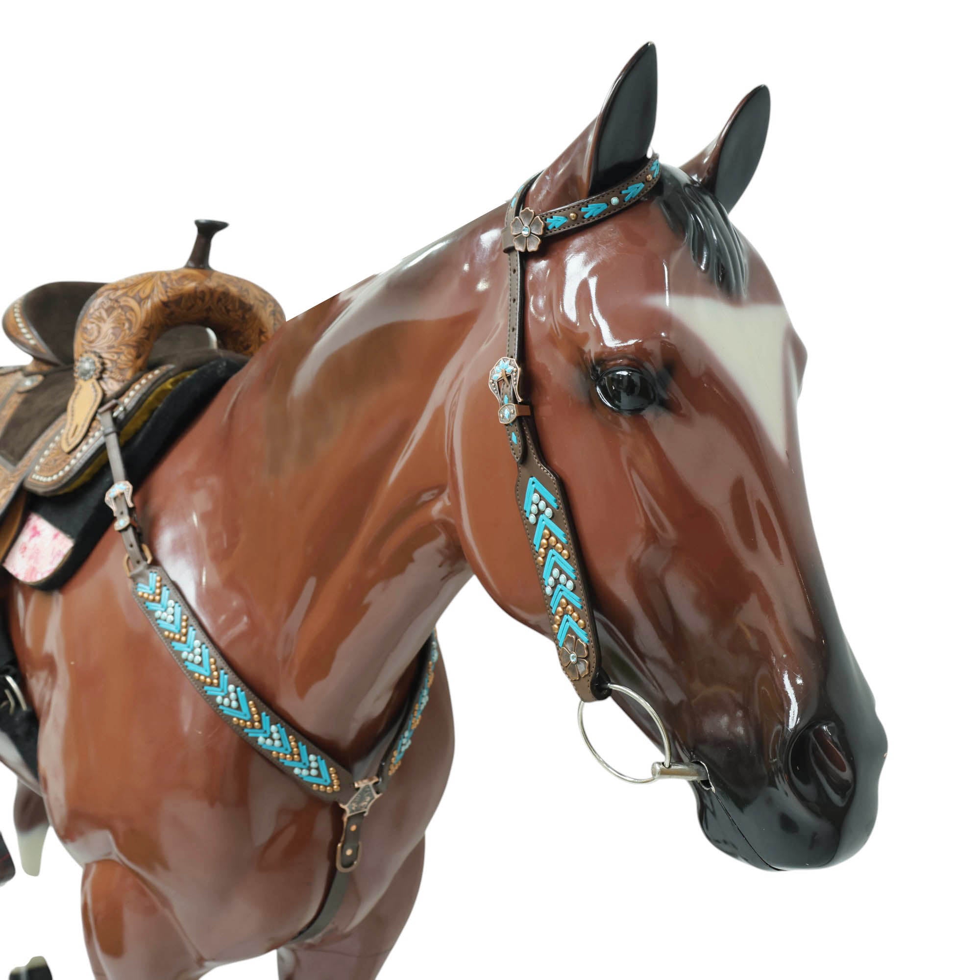 Western Horse Headstall, Turquoise Arrow Shape Rawhide Braiding with Copper and Turquoise Studs All Over the Tack with Flower Conchos MOUSM