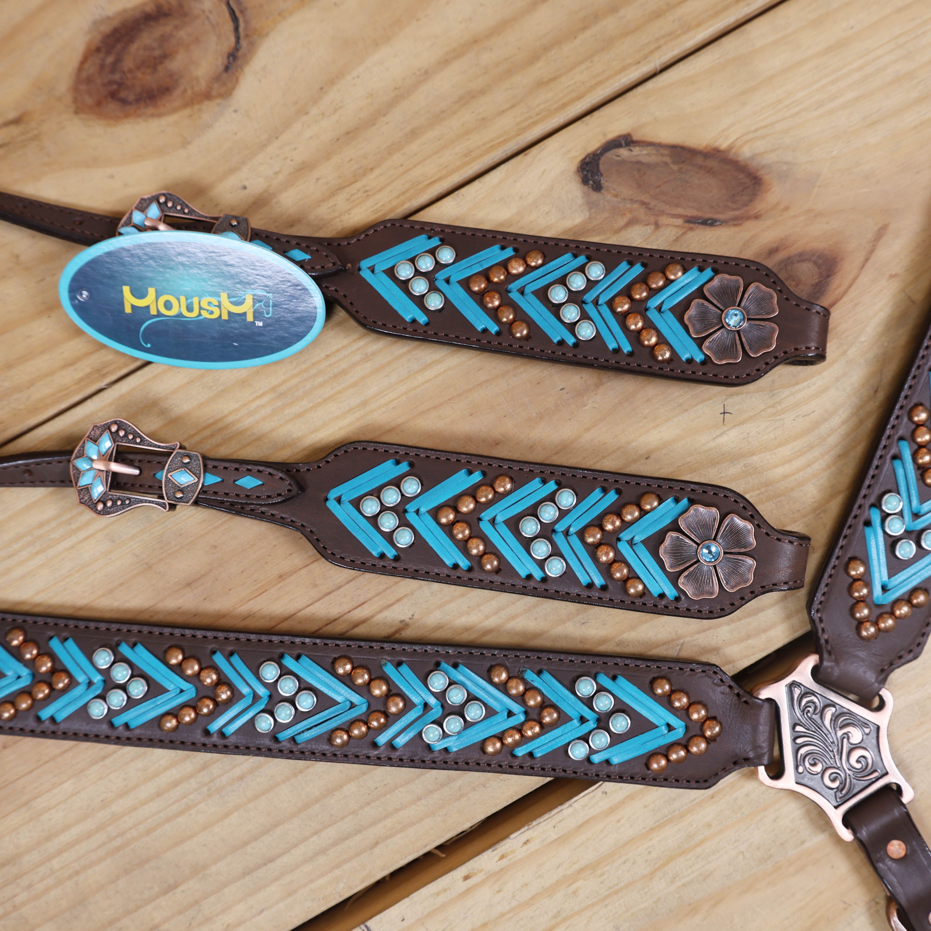 Western Horse Headstall, Turquoise Arrow Shape Rawhide Braiding with Copper and Turquoise Studs All Over the Tack with Flower Conchos MOUSM