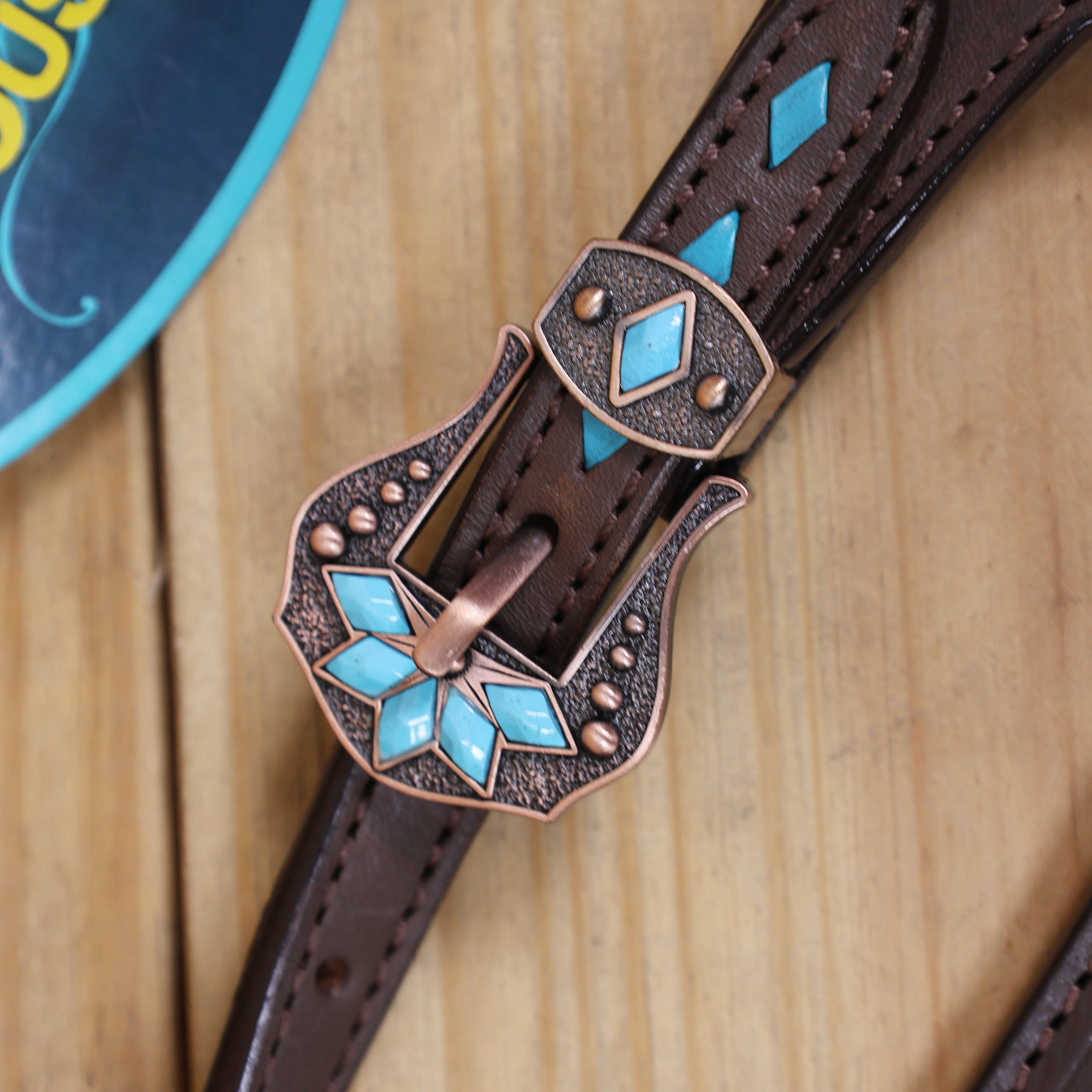 Western Horse Headstall, Turquoise Arrow Shape Rawhide Braiding with Copper and Turquoise Studs All Over the Tack with Flower Conchos MOUSM