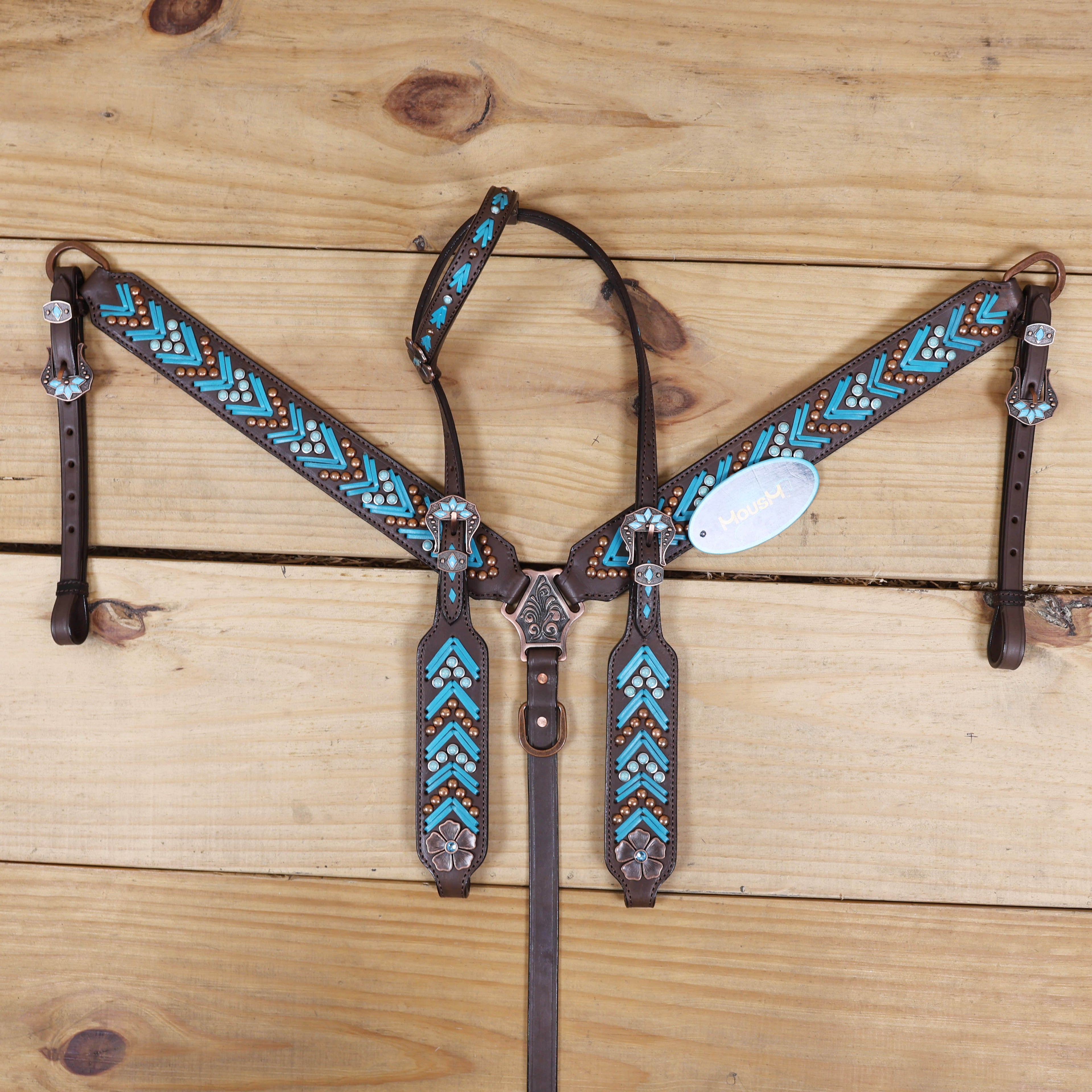 Western Horse Headstall, Turquoise Arrow Shape Rawhide Braiding with Copper and Turquoise Studs All Over the Tack with Flower Conchos MOUSM